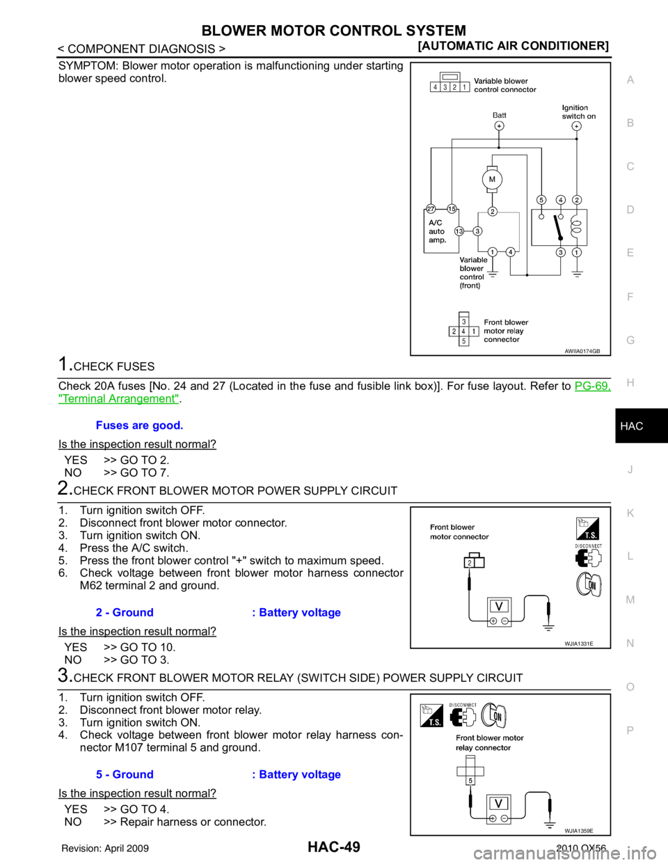 INFINITI QX56 2010  Factory Service Manual BLOWER MOTOR CONTROL SYSTEMHAC-49
< COMPONENT DIAGNOSIS > [AUTOMATIC AIR CONDITIONER]
C
D
E
F
G H
J
K L
M A
B
HAC
N
O P
SYMPTOM: Blower motor operation is malfunctioning under starting
blower speed co