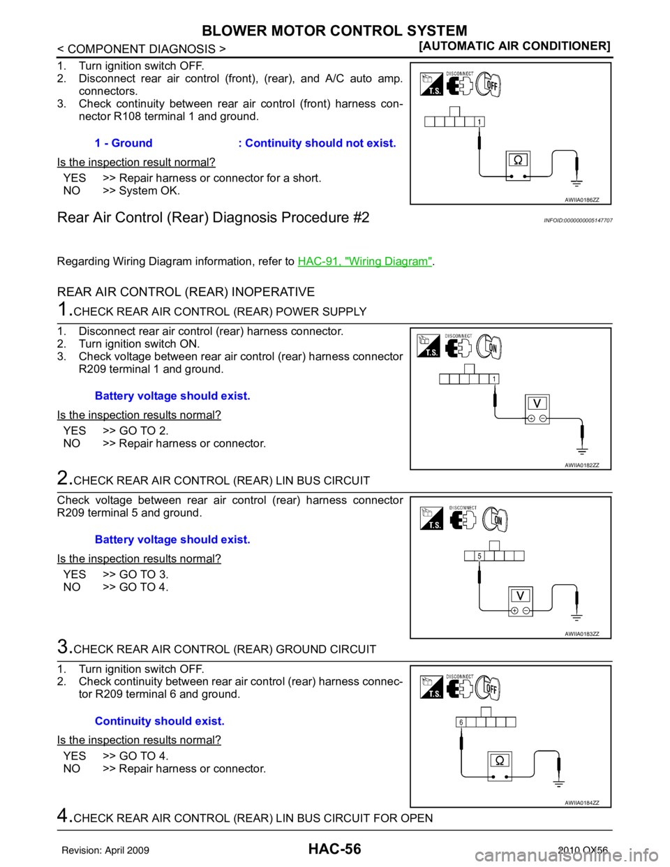 INFINITI QX56 2010  Factory Service Manual HAC-56
< COMPONENT DIAGNOSIS >[AUTOMATIC AIR CONDITIONER]
BLOWER MOTOR CONTROL SYSTEM
1. Turn ignition switch OFF.
2. Disconnect rear air control (front), (rear), and A/C auto amp.
connectors. 
3. Che