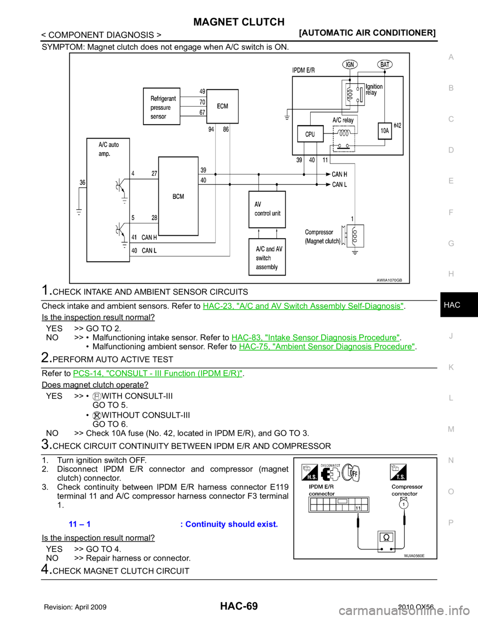 INFINITI QX56 2010  Factory Service Manual MAGNET CLUTCHHAC-69
< COMPONENT DIAGNOSIS > [AUTOMATIC AIR CONDITIONER]
C
D
E
F
G H
J
K L
M A
B
HAC
N
O P
SYMPTOM: Magnet clutch does not  engage when A/C switch is ON.
1.CHECK INTAKE AND AMBIENT SENS