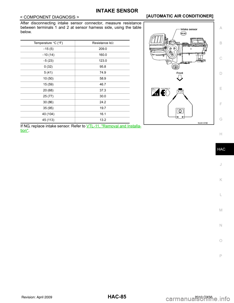 INFINITI QX56 2010  Factory Service Manual INTAKE SENSORHAC-85
< COMPONENT DIAGNOSIS > [AUTOMATIC AIR CONDITIONER]
C
D
E
F
G H
J
K L
M A
B
HAC
N
O P
After disconnecting intake sensor connector, measure resistance
between terminals 1 and 2 at s