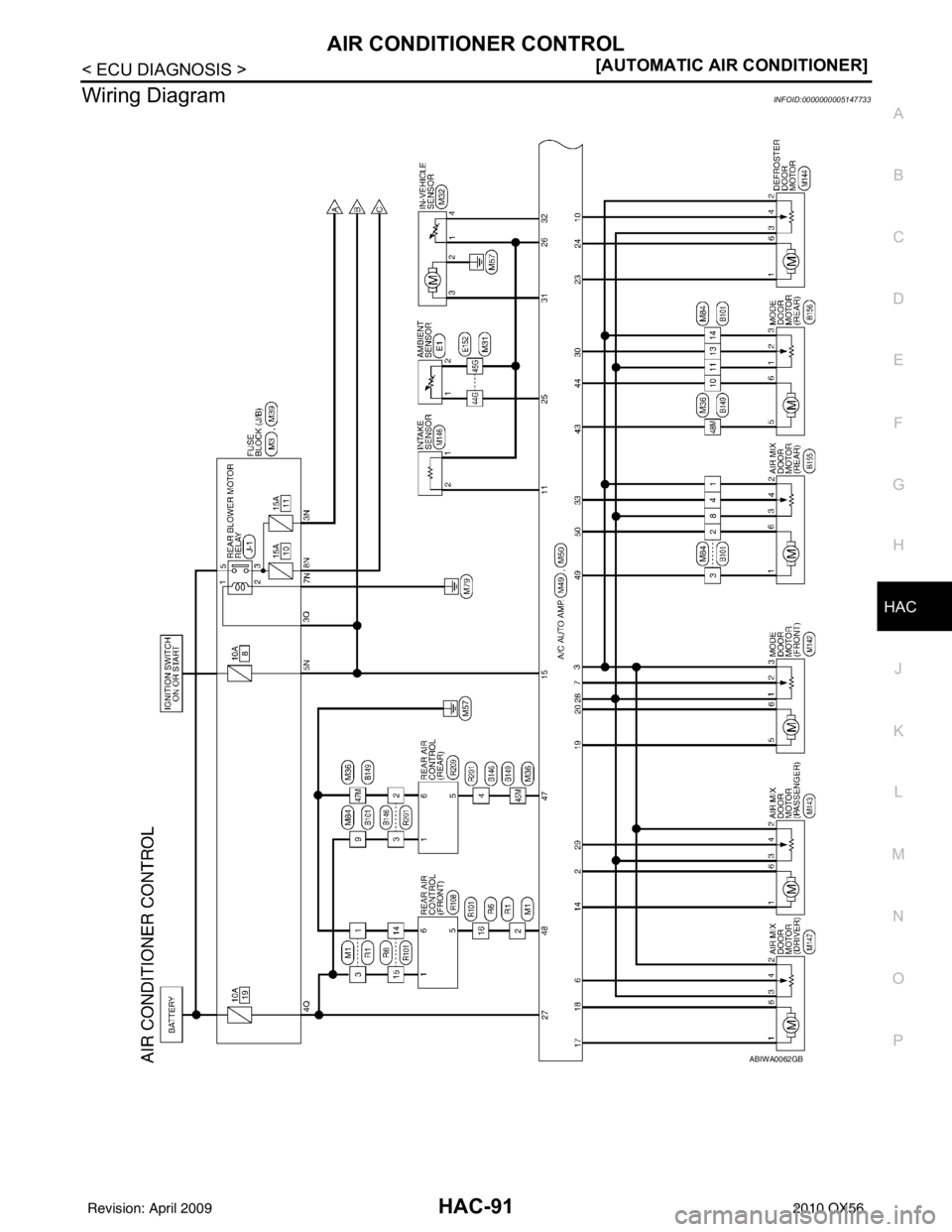 INFINITI QX56 2010  Factory Service Manual AIR CONDITIONER CONTROLHAC-91
< ECU DIAGNOSIS > [AUTOMATIC AIR CONDITIONER]
C
D
E
F
G H
J
K L
M A
B
HAC
N
O P
Wiring DiagramINFOID:0000000005147733
ABIWA0062GB
Revision: April 20092010 QX56 