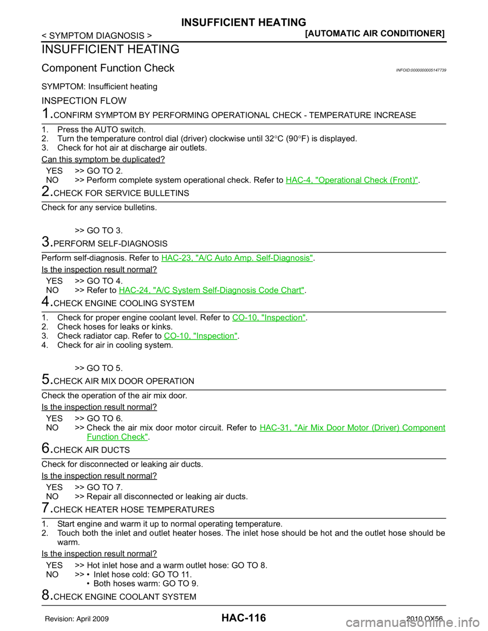 INFINITI QX56 2010  Factory Service Manual HAC-116
< SYMPTOM DIAGNOSIS >[AUTOMATIC AIR CONDITIONER]
INSUFFICIENT HEATING
INSUFFICIENT HEATING
Component Function CheckINFOID:0000000005147739
SYMPTOM: Insufficient heating
INSPECTION FLOW
1.CONFI