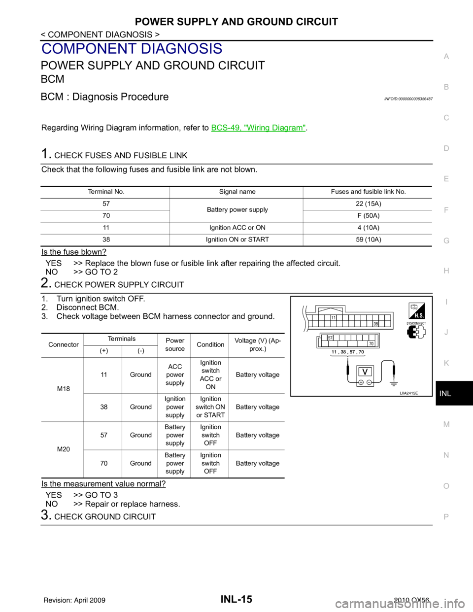 INFINITI QX56 2010  Factory Service Manual POWER SUPPLY AND GROUND CIRCUITINL-15
< COMPONENT DIAGNOSIS >
C
DE
F
G H
I
J
K
M A
B
INL
N
O P
COMPONENT DIAGNOSIS
POWER SUPPLY AND GROUND CIRCUIT
BCM
BCM : Diagnosis ProcedureINFOID:0000000005356487

