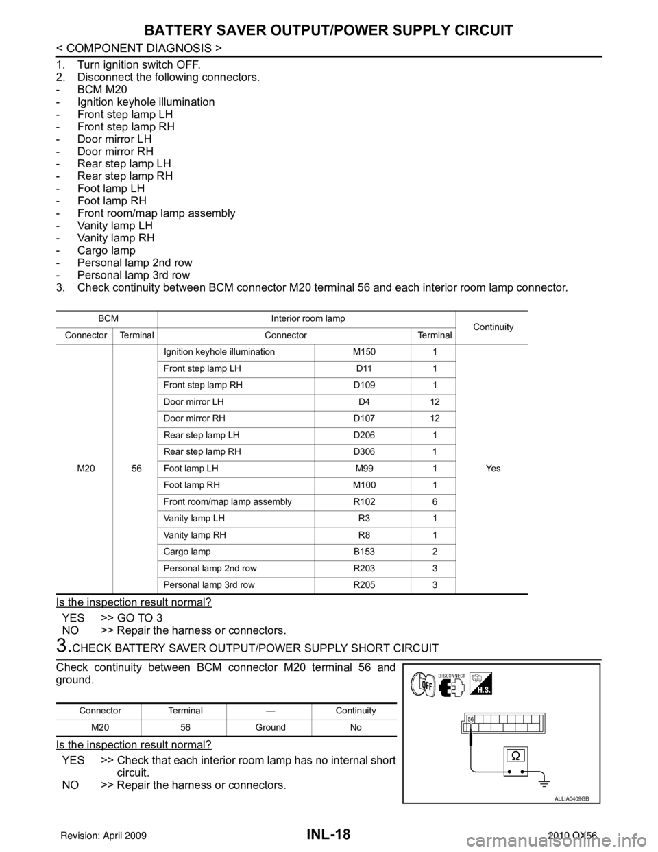 INFINITI QX56 2010  Factory Service Manual INL-18
< COMPONENT DIAGNOSIS >
BATTERY SAVER OUTPUT/POWER SUPPLY CIRCUIT
1. Turn ignition switch OFF.
2. Disconnect the following connectors.
-BCM M20
- Ignition keyhole illumination
- Front step lamp