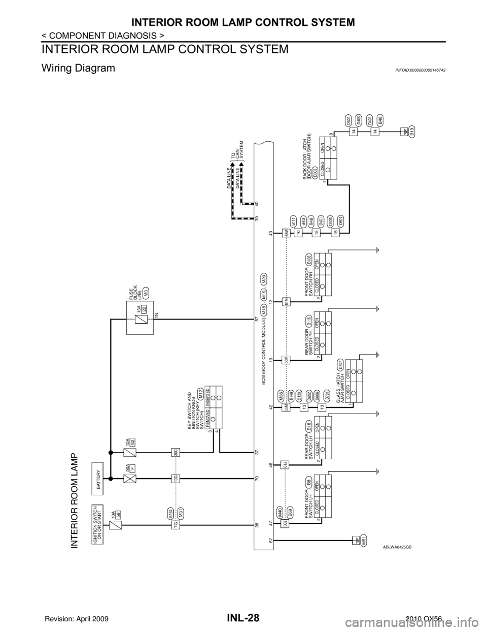 INFINITI QX56 2010  Factory Service Manual INL-28
< COMPONENT DIAGNOSIS >
INTERIOR ROOM LAMP CONTROL SYSTEM
INTERIOR ROOM LAMP CONTROL SYSTEM
Wiring DiagramINFOID:0000000005146742
ABLWA0425GB
Revision: April 20092010 QX56 