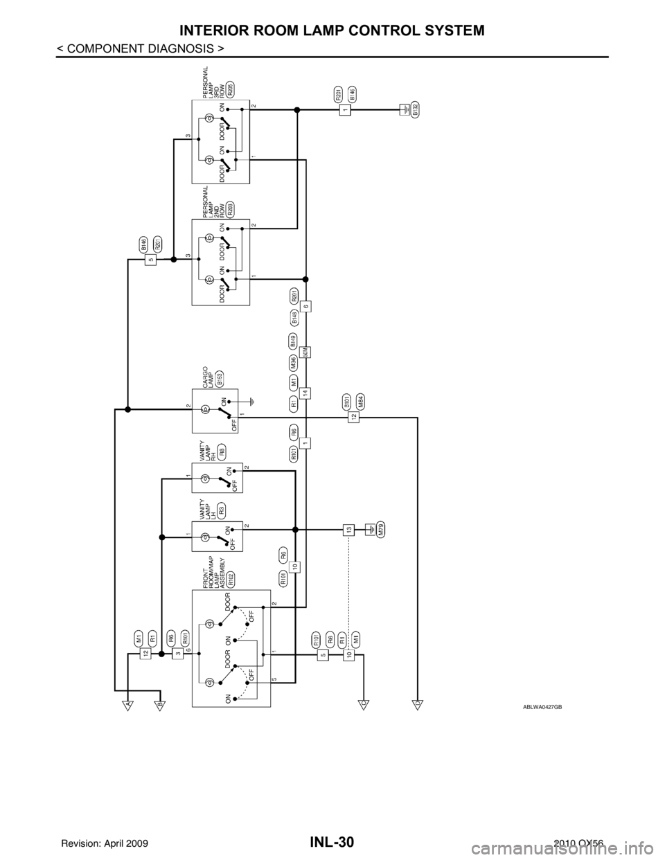 INFINITI QX56 2010  Factory Service Manual INL-30
< COMPONENT DIAGNOSIS >
INTERIOR ROOM LAMP CONTROL SYSTEM
ABLWA0427GB
Revision: April 20092010 QX56 