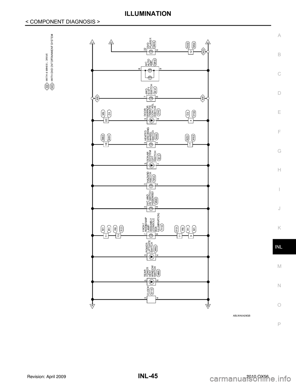 INFINITI QX56 2010  Factory Service Manual ILLUMINATIONINL-45
< COMPONENT DIAGNOSIS >
C
DE
F
G H
I
J
K
M A
B
INL
N
O P
ABLWA0429GB
Revision: April 20092010 QX56 