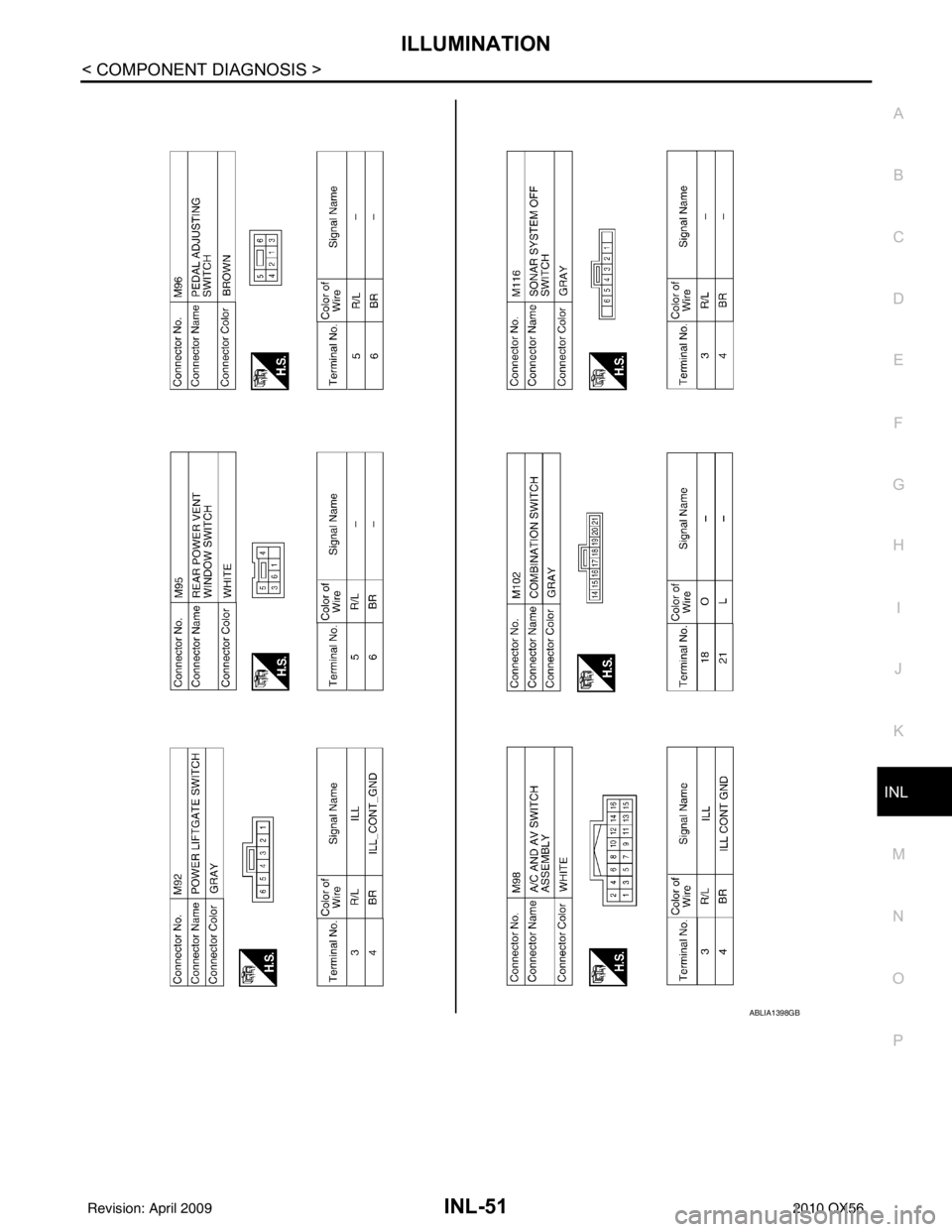 INFINITI QX56 2010  Factory Service Manual ILLUMINATIONINL-51
< COMPONENT DIAGNOSIS >
C
DE
F
G H
I
J
K
M A
B
INL
N
O P
ABLIA1398GB
Revision: April 20092010 QX56 