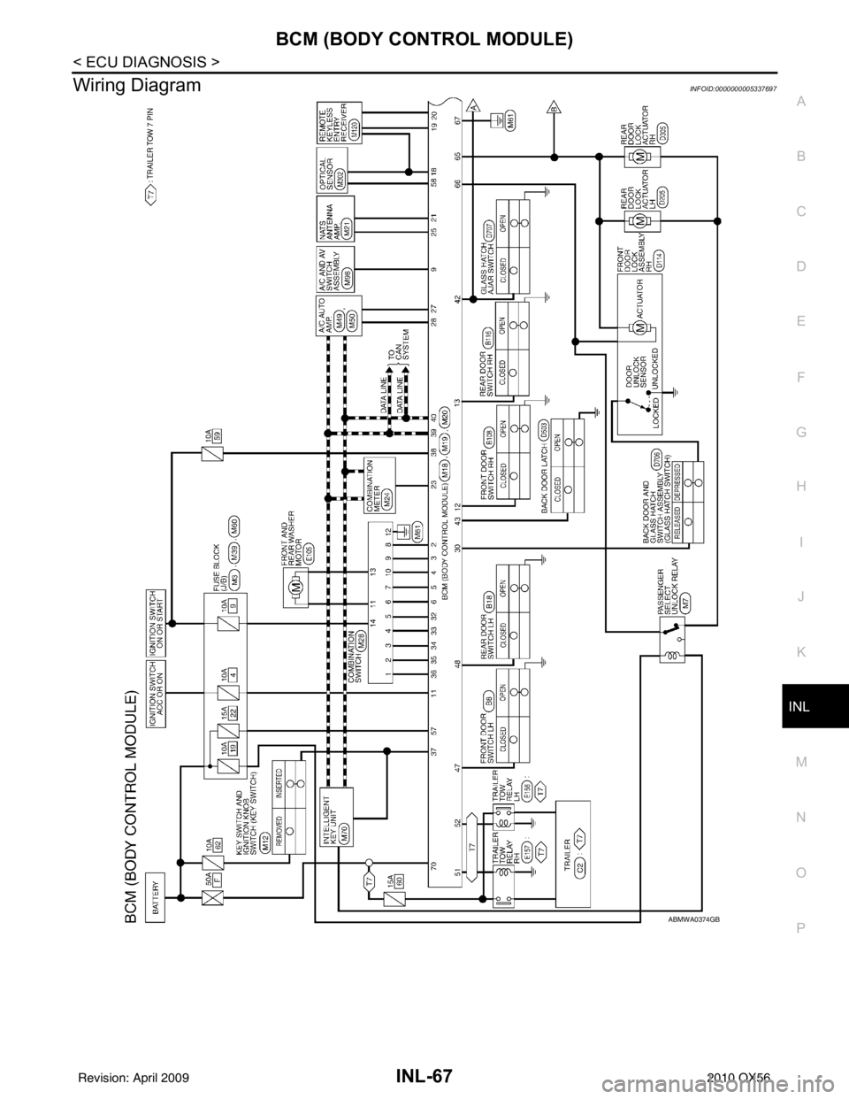 INFINITI QX56 2010  Factory Service Manual BCM (BODY CONTROL MODULE)INL-67
< ECU DIAGNOSIS >
C
DE
F
G H
I
J
K
M A
B
INL
N
O P
Wiring DiagramINFOID:0000000005337697
ABMWA0374GB
Revision: April 20092010 QX56 