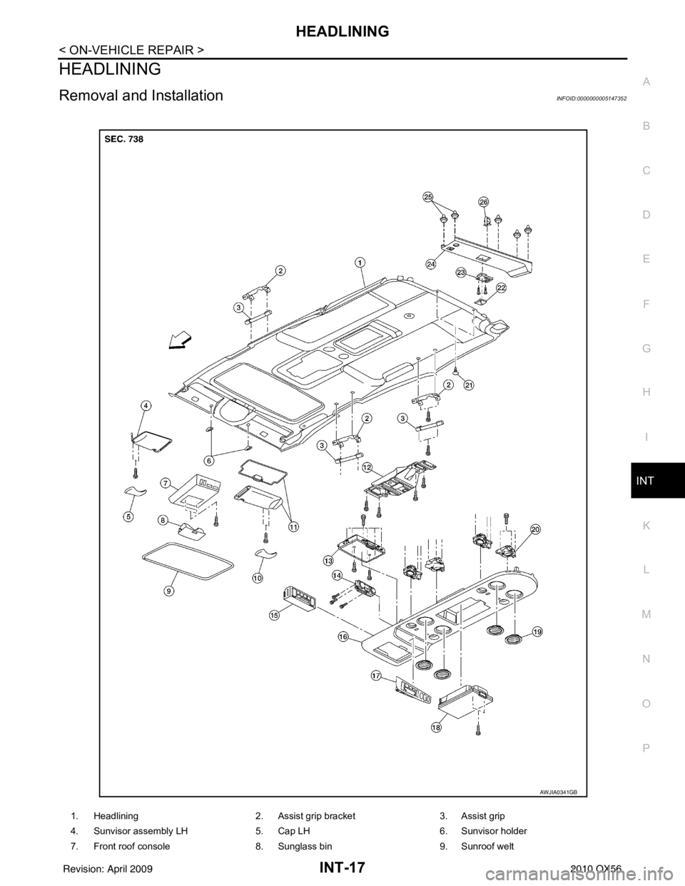 INFINITI QX56 2010  Factory Service Manual HEADLININGINT-17
< ON-VEHICLE REPAIR >
C
DE
F
G H
I
K L
M A
B
INT
N
O P
HEADLINING
Removal and InstallationINFOID:0000000005147352
1. Headlining 2. Assist grip bracket3. Assist grip
4. Sunvisor assemb