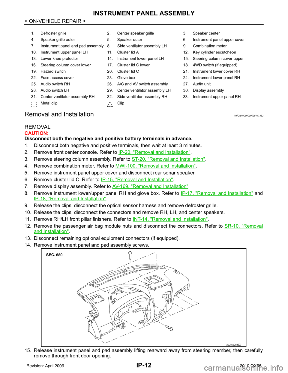 INFINITI QX56 2010  Factory Service Manual IP-12
< ON-VEHICLE REPAIR >
INSTRUMENT PANEL ASSEMBLY
Removal and Installation
INFOID:0000000005147362
REMOVAL
CAUTION:
Disconnect both the negative and po sitive battery terminals in advance.
1. Disc
