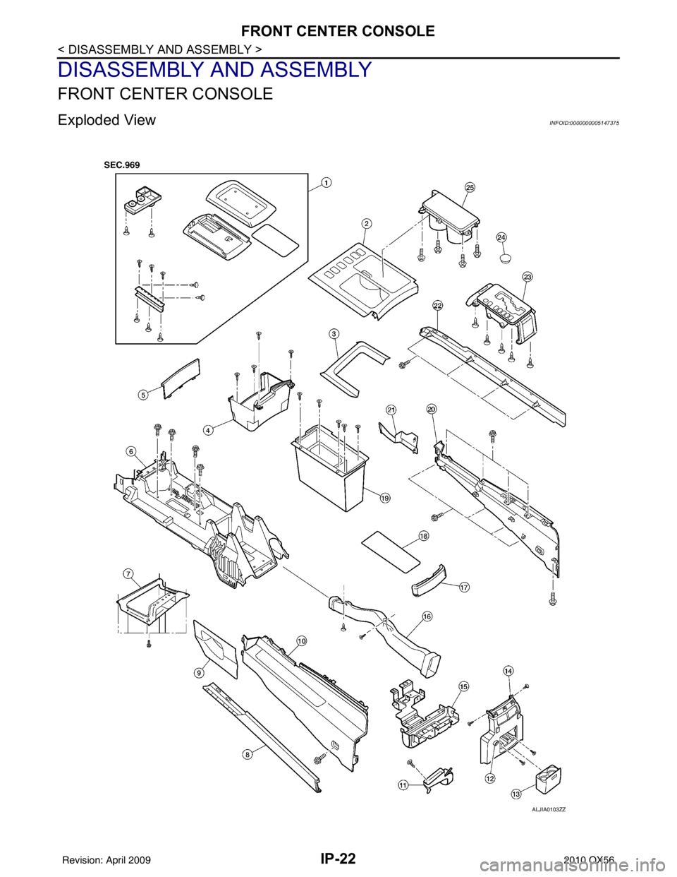 INFINITI QX56 2010  Factory Service Manual IP-22
< DISASSEMBLY AND ASSEMBLY >
FRONT CENTER CONSOLE
DISASSEMBLY AND ASSEMBLY
FRONT CENTER CONSOLE
Exploded ViewINFOID:0000000005147375
ALJIA0103ZZ
Revision: April 20092010 QX56 