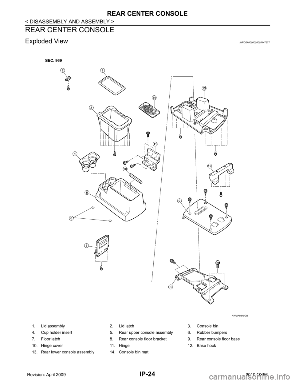 INFINITI QX56 2010  Factory Service Manual IP-24
< DISASSEMBLY AND ASSEMBLY >
REAR CENTER CONSOLE
REAR CENTER CONSOLE
Exploded ViewINFOID:0000000005147377
1. Lid assembly2. Lid latch3. Console bin
4. Cup holder insert 5. Rear upper console ass