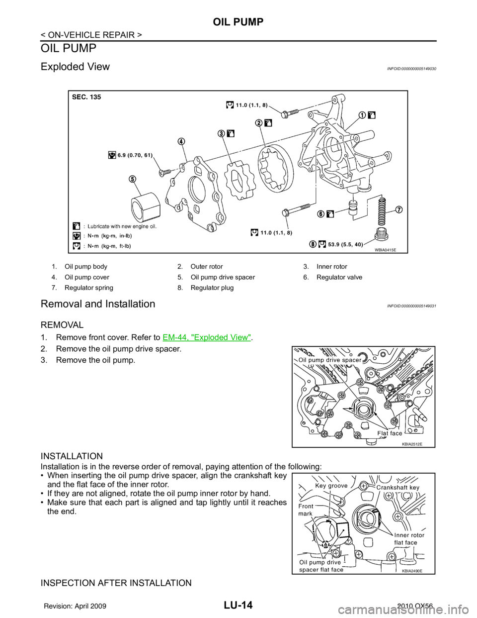 INFINITI QX56 2010  Factory Service Manual LU-14
< ON-VEHICLE REPAIR >
OIL PUMP
OIL PUMP
Exploded ViewINFOID:0000000005149030
Removal and InstallationINFOID:0000000005149031
REMOVAL
1. Remove front cover. Refer to EM-44, "Exploded View". 
2. R