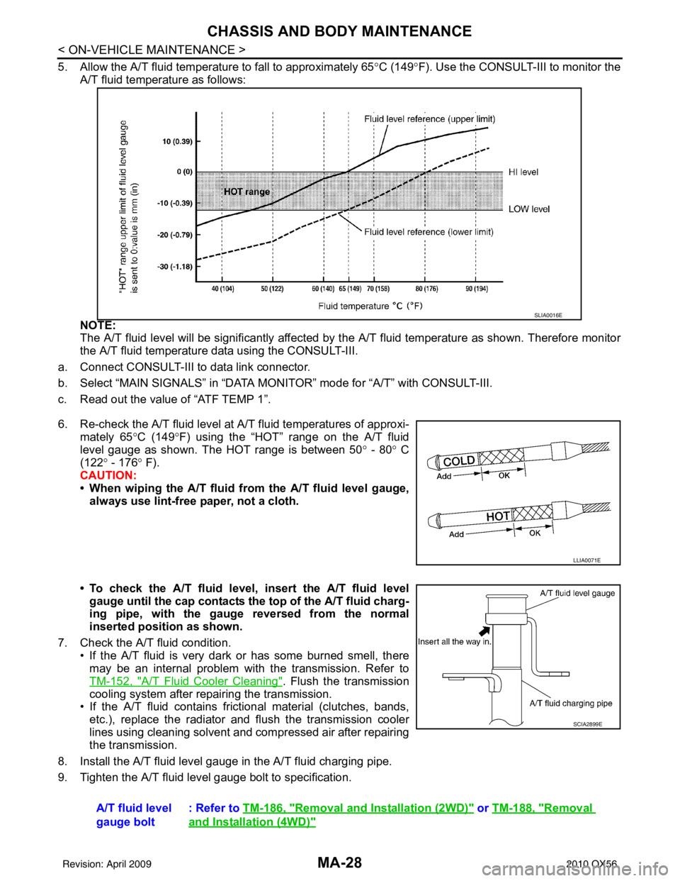 INFINITI QX56 2010  Factory Service Manual MA-28
< ON-VEHICLE MAINTENANCE >
CHASSIS AND BODY MAINTENANCE
5. Allow the A/T fluid temperature to fall to approximately 65°C (149°F). Use the CONSULT-III to monitor the
A/T fluid temperature as fo