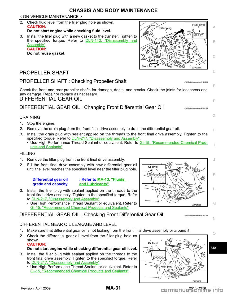 INFINITI QX56 2010  Factory Service Manual CHASSIS AND BODY MAINTENANCEMA-31
< ON-VEHICLE MAINTENANCE >
C
DE
F
G H
I
J
K L
M B
MA
N
O A
2. Check fluid level from the filler plug hole as shown.
CAUTION:
Do not start engine while checking fluid 