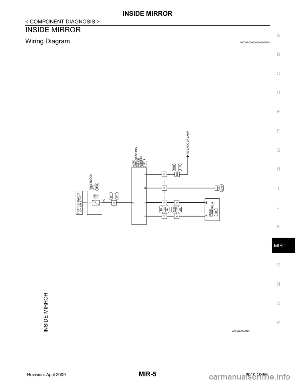 INFINITI QX56 2010  Factory Service Manual INSIDE MIRRORMIR-5
< COMPONENT DIAGNOSIS >
C
DE
F
G H
I
J
K
M A
B
MIR
N
O P
INSIDE MIRROR
Wiring DiagramINFOID:0000000005146591
ABLWA0042GB
Revision: April 20092010 QX56 