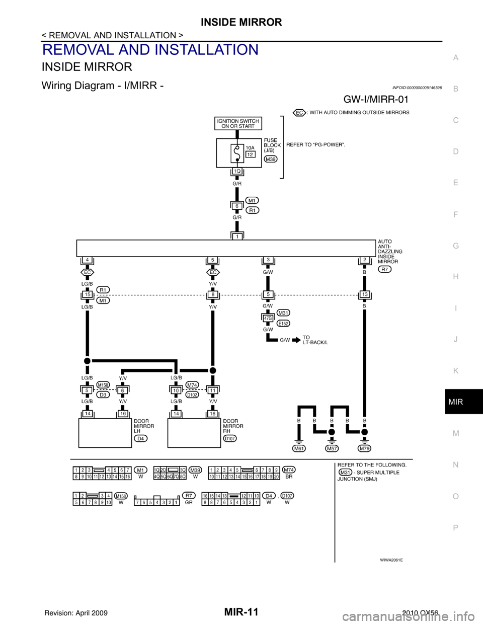 INFINITI QX56 2010  Factory Service Manual INSIDE MIRRORMIR-11
< REMOVAL AND INSTALLATION >
C
DE
F
G H
I
J
K
M A
B
MIR
N
O P
REMOVAL AND INSTALLATION
INSIDE MIRROR
Wiring Diagram - I/MIRR -INFOID:0000000005146596
WIWA2061E
Revision: April 2009