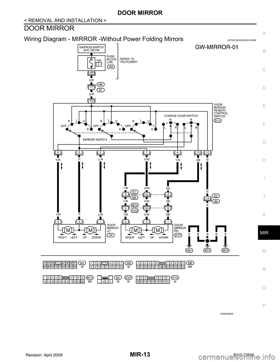 INFINITI QX56 2010  Factory Service Manual DOOR MIRRORMIR-13
< REMOVAL AND INSTALLATION >
C
DE
F
G H
I
J
K
M A
B
MIR
N
O P
DOOR MIRROR
Wiring Diagram - MIRROR -Wit hout Power Folding MirrorsINFOID:0000000005146598
WIWA2063E
Revision: April 200