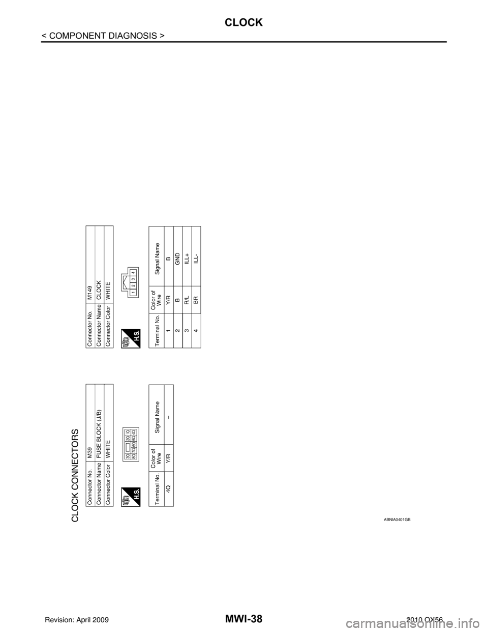 INFINITI QX56 2010  Factory Service Manual MWI-38
< COMPONENT DIAGNOSIS >
CLOCK
ABNIA0401GB
Revision: April 20092010 QX56 