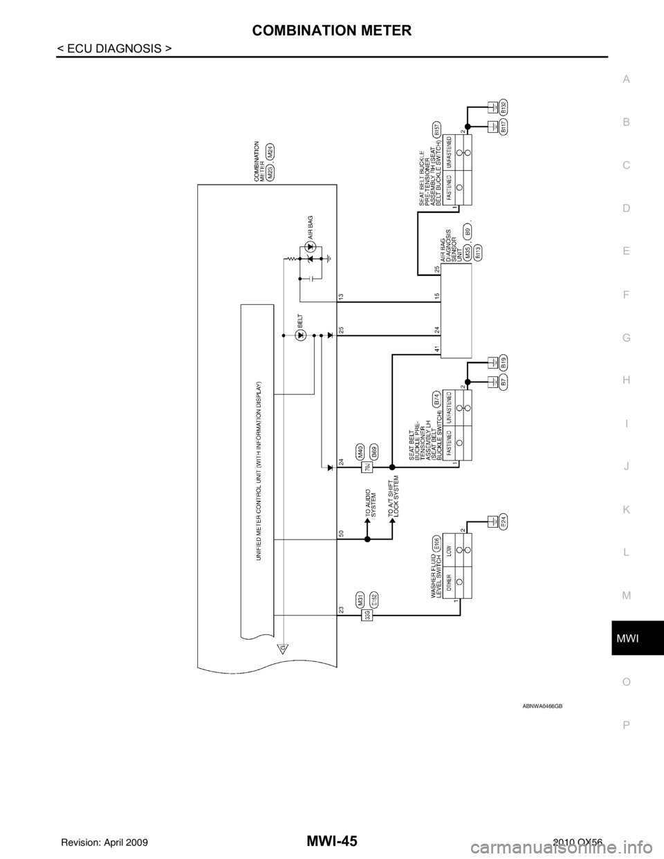 INFINITI QX56 2010  Factory Service Manual MWI
COMBINATION METERMWI-45
< ECU DIAGNOSIS >
C
DE
F
G H
I
J
K L
M B A
O P
ABNWA0466GB
Revision: April 20092010 QX56 