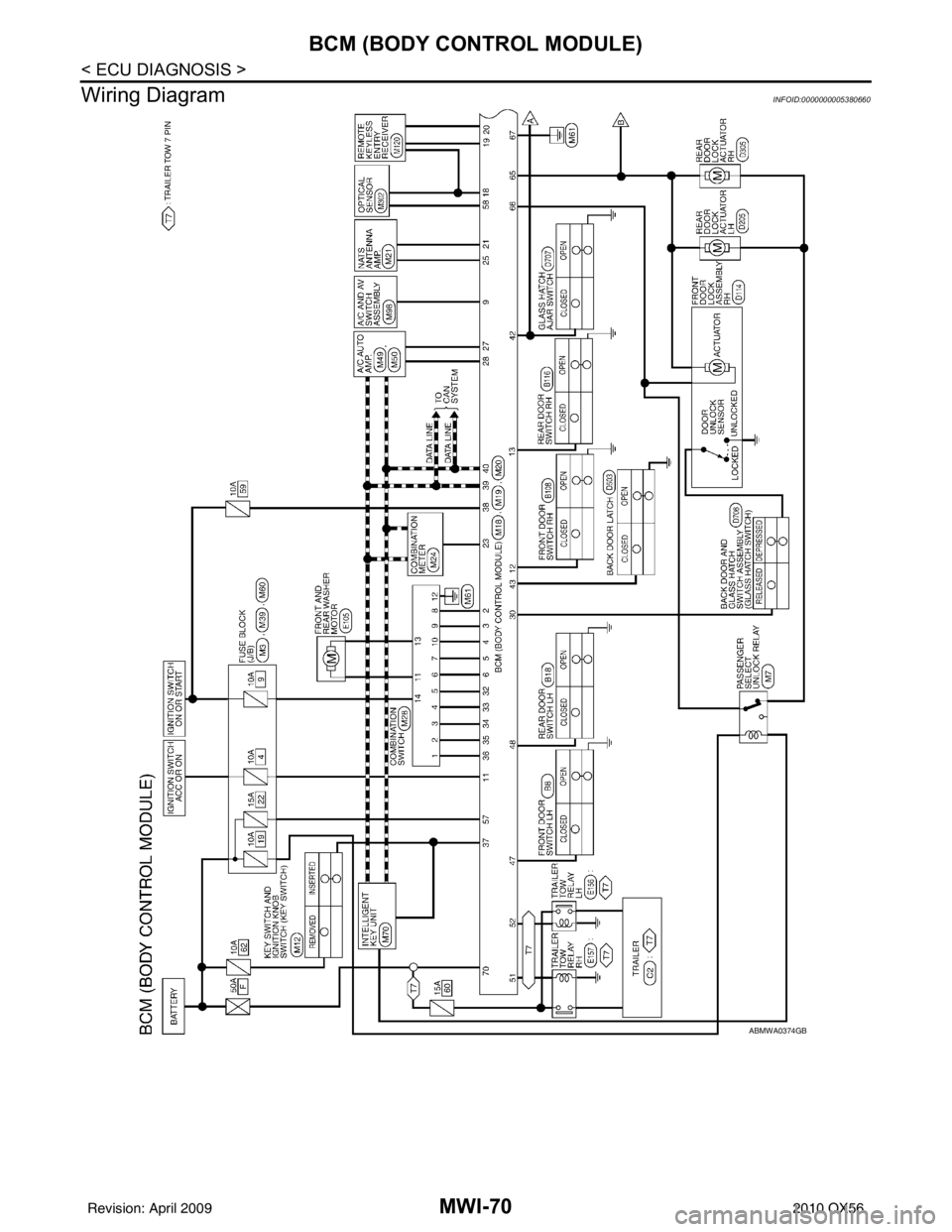 INFINITI QX56 2010  Factory Service Manual MWI-70
< ECU DIAGNOSIS >
BCM (BODY CONTROL MODULE)
Wiring Diagram
INFOID:0000000005380660
ABMWA0374GB
Revision: April 20092010 QX56 