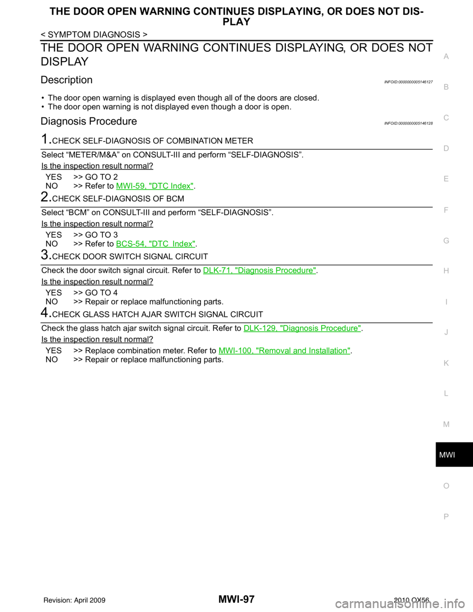 INFINITI QX56 2010  Factory Service Manual MWI
THE DOOR OPEN WARNING CONTINUES DISPLAYING, OR DOES NOT DIS-
PLAY
MWI-97
< SYMPTOM DIAGNOSIS >
C
D E
F
G H
I
J
K L
M B A
O P
THE DOOR OPEN WARN ING CONTINUES DISPLAYING, OR DOES NOT
DISPLAY
Descri