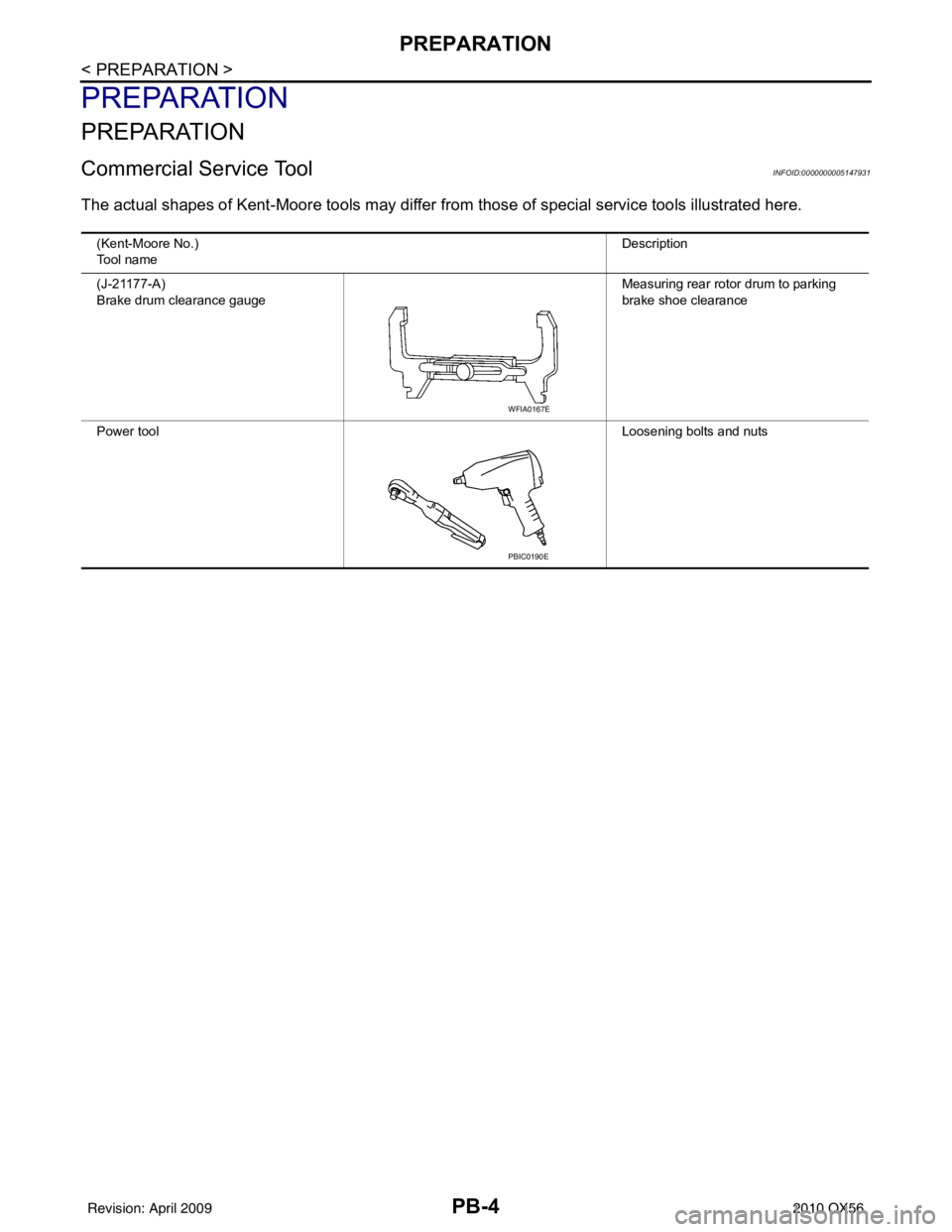 INFINITI QX56 2010  Factory Service Manual PB-4
< PREPARATION >
PREPARATION
PREPARATION
PREPARATION
Commercial Service ToolINFOID:0000000005147931
The actual shapes of Kent-Moore tools may differ from those of  special service tools illustrate