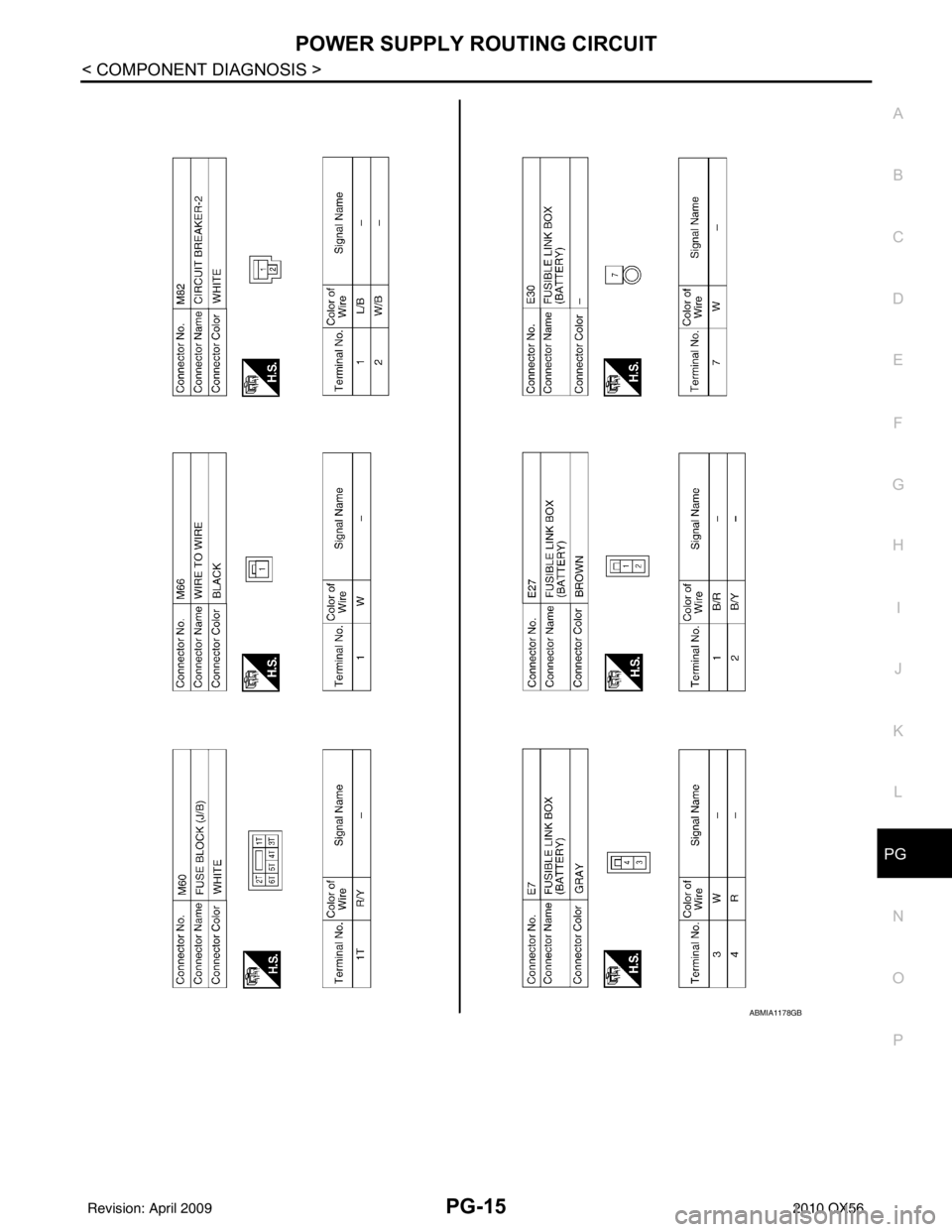 INFINITI QX56 2010  Factory Service Manual PG
POWER SUPPLY ROUTING CIRCUITPG-15
< COMPONENT DIAGNOSIS >
C
DE
F
G H
I
J
K L
B A
O P
N
ABMIA1178GB
Revision: April 20092010 QX56 