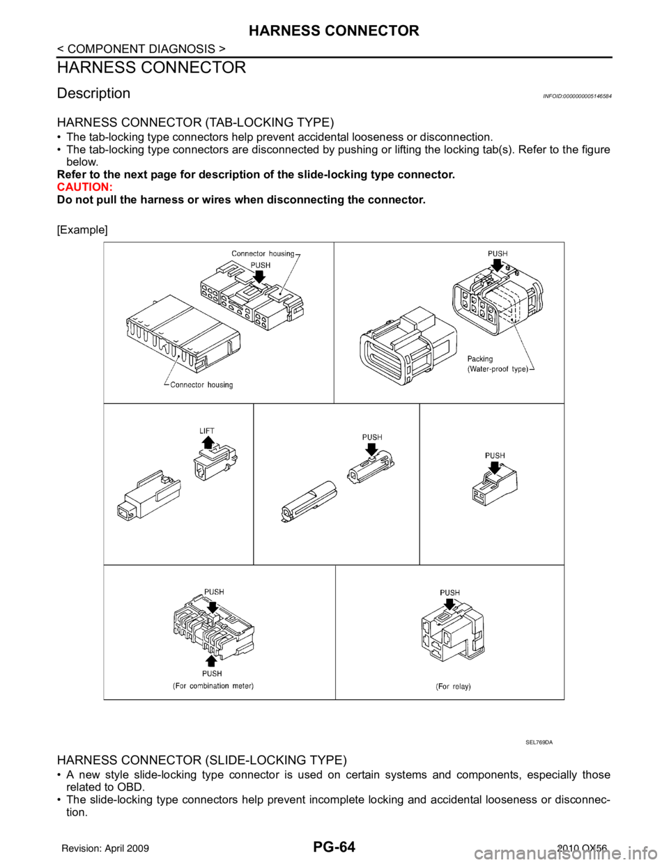 INFINITI QX56 2010  Factory Service Manual PG-64
< COMPONENT DIAGNOSIS >
HARNESS CONNECTOR
HARNESS CONNECTOR
DescriptionINFOID:0000000005146584
HARNESS CONNECTOR (TAB-LOCKING TYPE)
• The tab-locking type connectors help prevent accidental lo