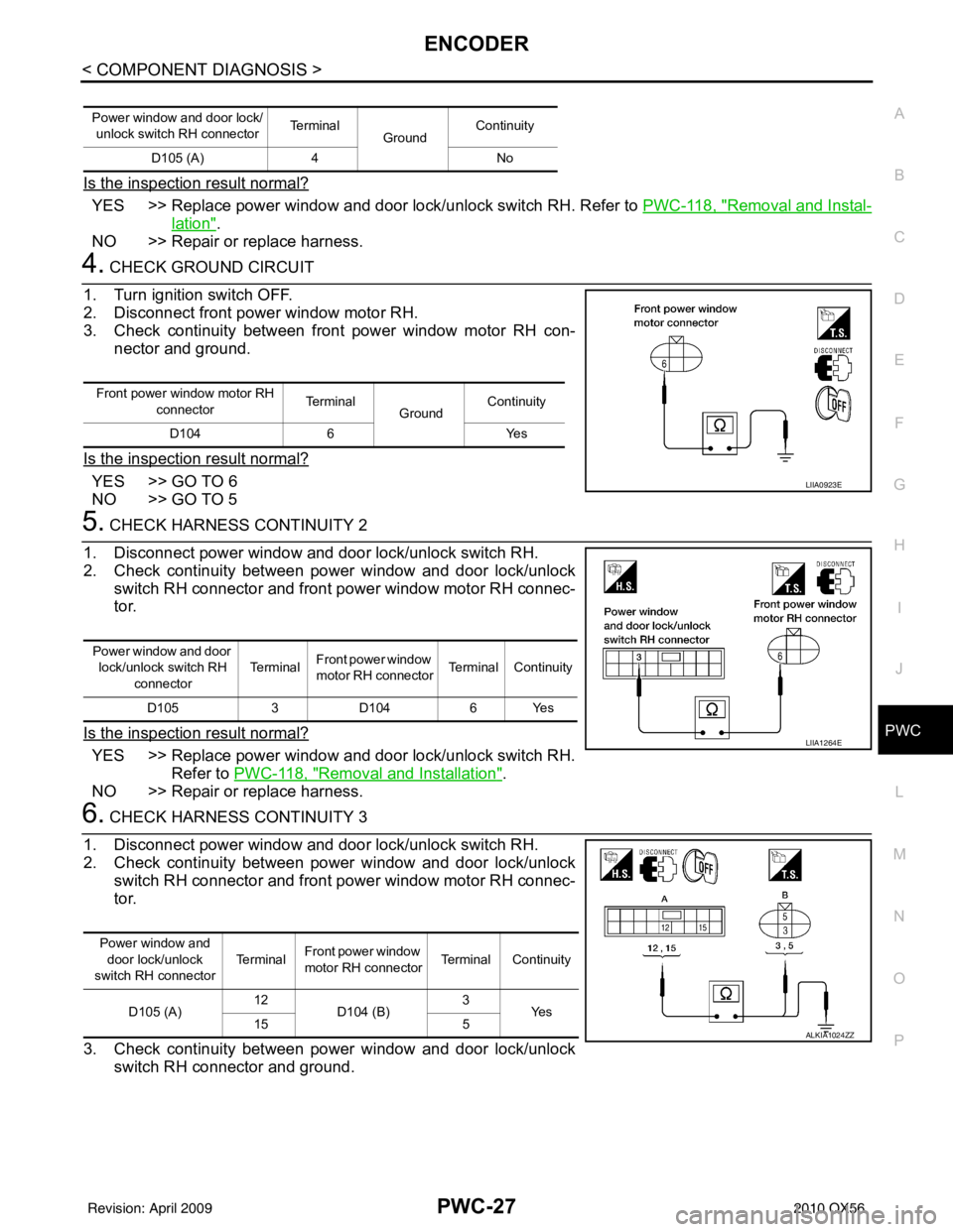 INFINITI QX56 2010  Factory Service Manual ENCODERPWC-27
< COMPONENT DIAGNOSIS >
C
DE
F
G H
I
J
L
M A
B
PWC
N
O P
Is the inspection result normal?
YES >> Replace power window and door lock/unlock switch RH. Refer to  PWC-118, "Removal and Inst