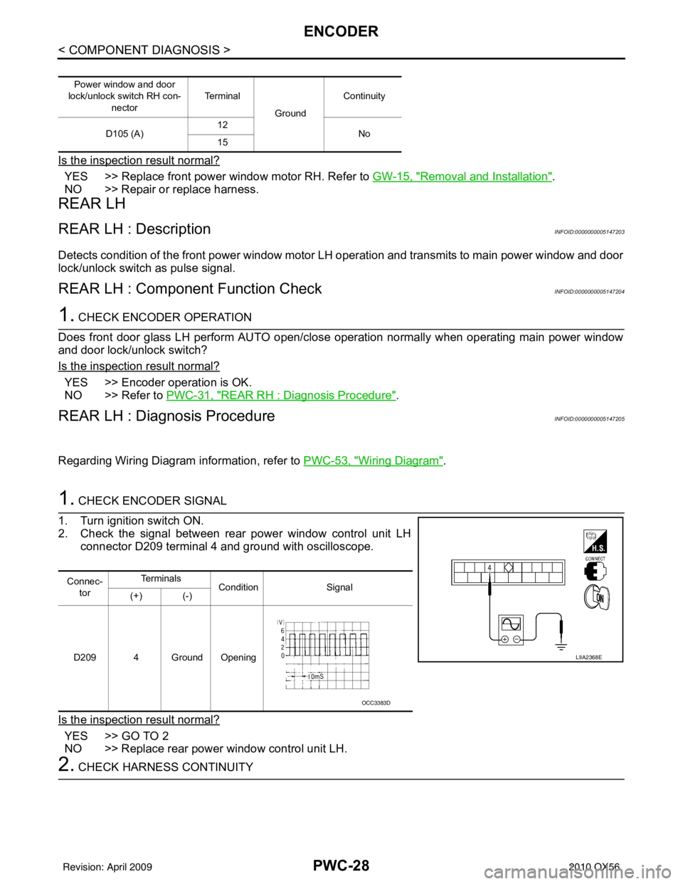 INFINITI QX56 2010  Factory Service Manual PWC-28
< COMPONENT DIAGNOSIS >
ENCODER
Is the inspection result normal?
YES >> Replace front power window motor RH. Refer to GW-15, "Removal and Installation".
NO >> Repair or replace harness.
REAR LH