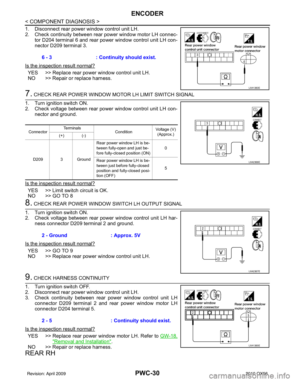 INFINITI QX56 2010  Factory Service Manual PWC-30
< COMPONENT DIAGNOSIS >
ENCODER
1. Disconnect rear power window control unit LH.
2. Check continuity between rear power window motor LH connec-tor D204 terminal 6 and rear power window control 