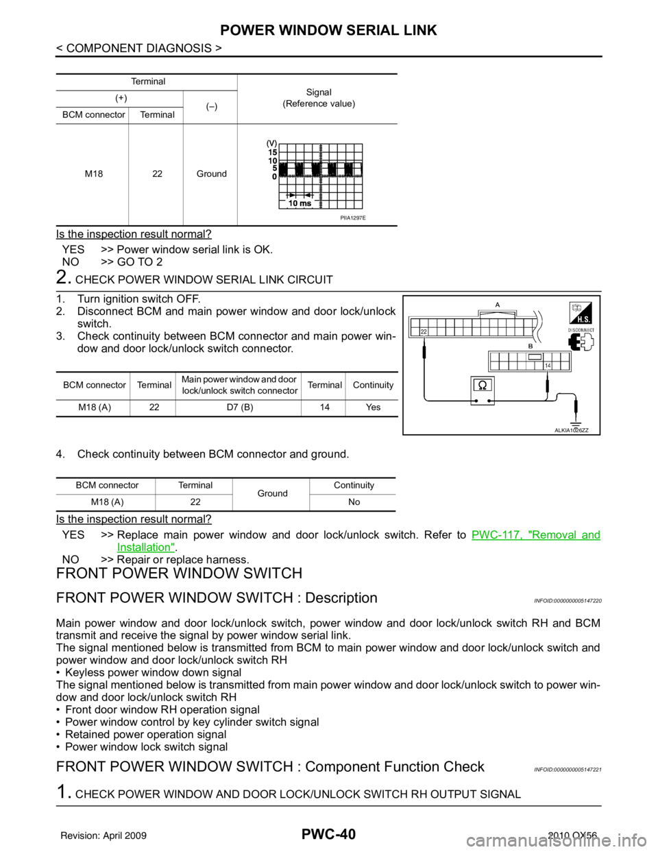 INFINITI QX56 2010  Factory Service Manual PWC-40
< COMPONENT DIAGNOSIS >
POWER WINDOW SERIAL LINK
Is the inspection result normal?
YES >> Power window serial link is OK.
NO >> GO TO 2
2. CHECK POWER WINDOW SERIAL LINK CIRCUIT
1. Turn ignition