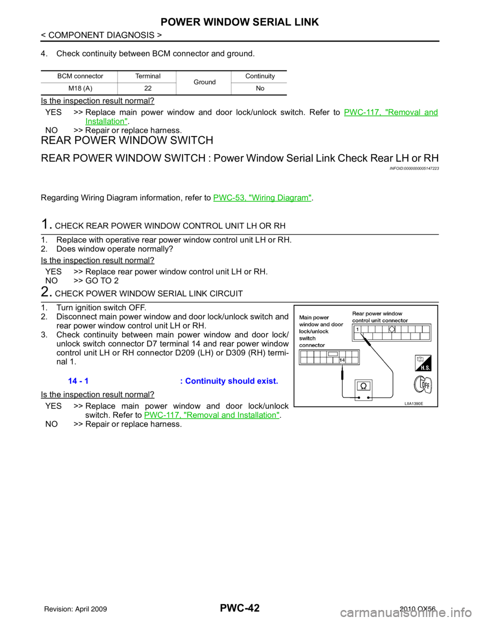 INFINITI QX56 2010  Factory Service Manual PWC-42
< COMPONENT DIAGNOSIS >
POWER WINDOW SERIAL LINK
4. Check continuity between BCM connector and ground.
Is the inspection result normal?
YES >> Replace main power window and door lock/unlock swi