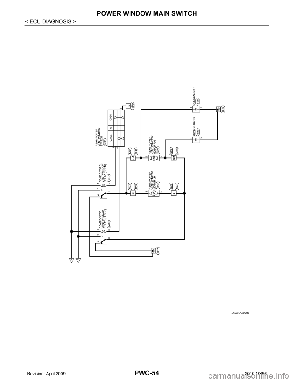 INFINITI QX56 2010  Factory Service Manual PWC-54
< ECU DIAGNOSIS >
POWER WINDOW MAIN SWITCH
ABKWA0453GB
Revision: April 20092010 QX56 