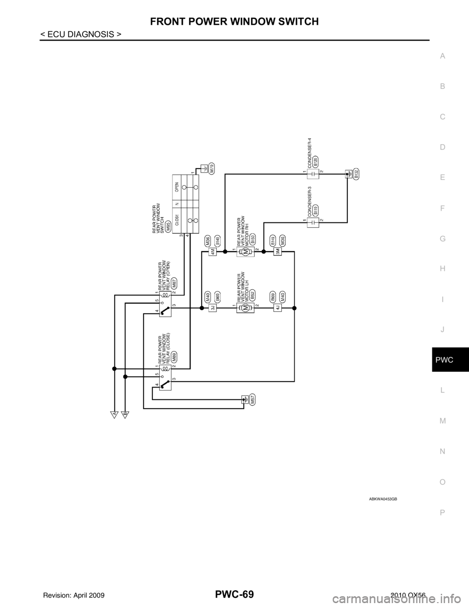 INFINITI QX56 2010  Factory Service Manual FRONT POWER WINDOW SWITCHPWC-69
< ECU DIAGNOSIS >
C
DE
F
G H
I
J
L
M A
B
PWC
N
O P
ABKWA0453GB
Revision: April 20092010 QX56 