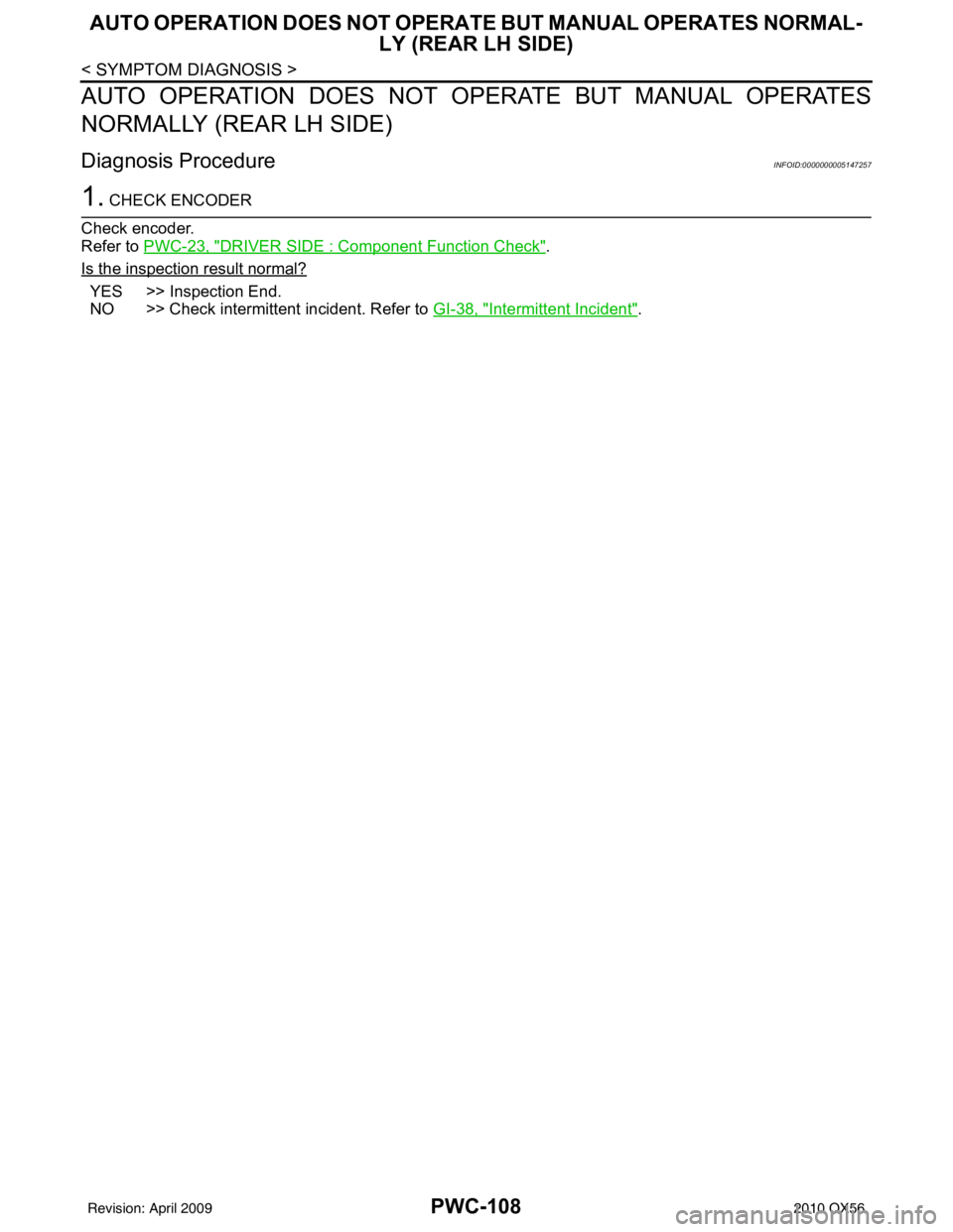 INFINITI QX56 2010  Factory Service Manual PWC-108
< SYMPTOM DIAGNOSIS >
AUTO OPERATION DOES NOT OPERATE BUT MANUAL OPERATES NORMAL-
LY (REAR LH SIDE)
AUTO OPERATION DOES NOT OPERATE BUT MANUAL OPERATES
NORMALLY (REAR LH SIDE)
Diagnosis Proced