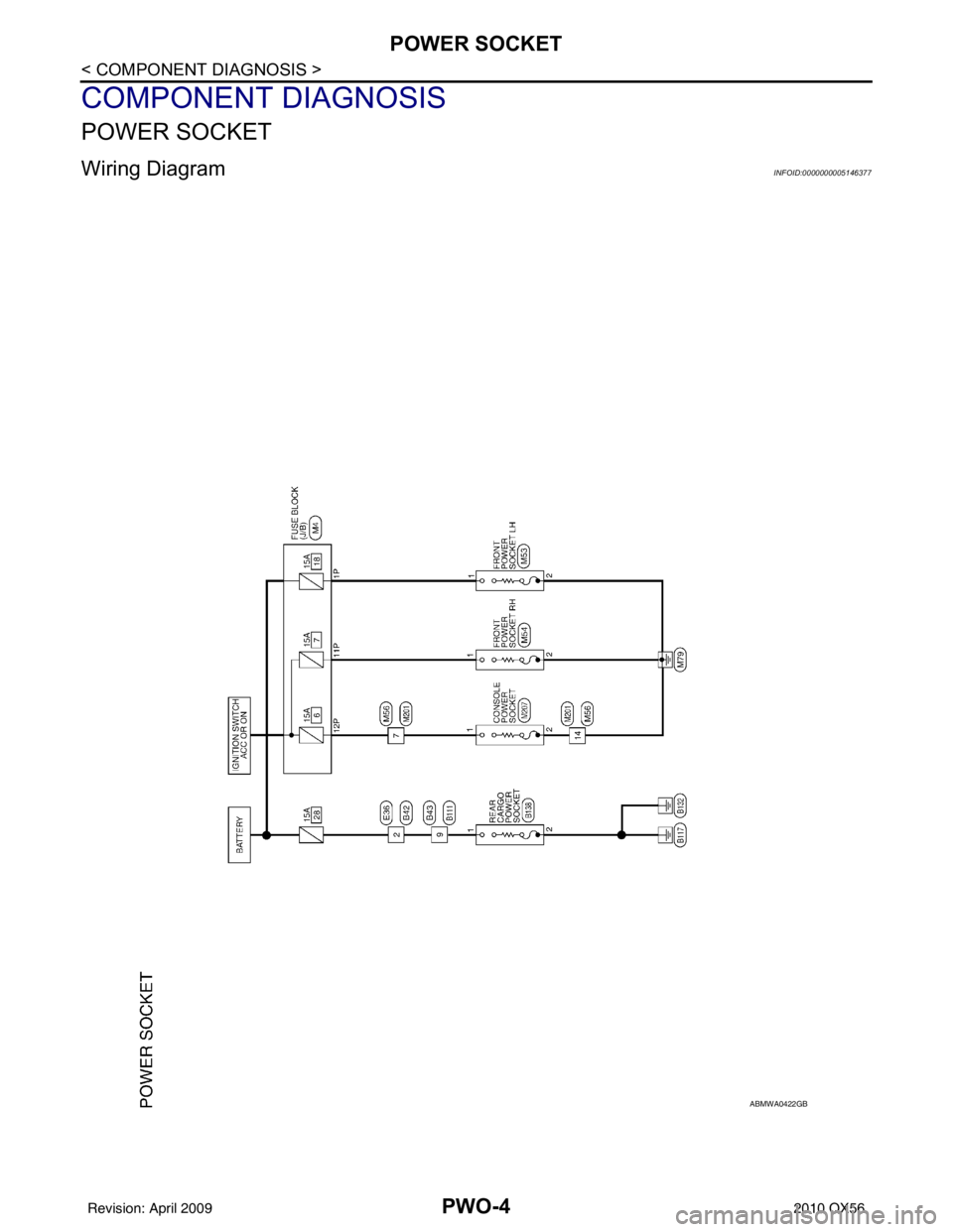 INFINITI QX56 2010  Factory Service Manual PWO-4
< COMPONENT DIAGNOSIS >
POWER SOCKET
COMPONENT DIAGNOSIS
POWER SOCKET
Wiring DiagramINFOID:0000000005146377
ABMWA0422GB
Revision: April 20092010 QX56 