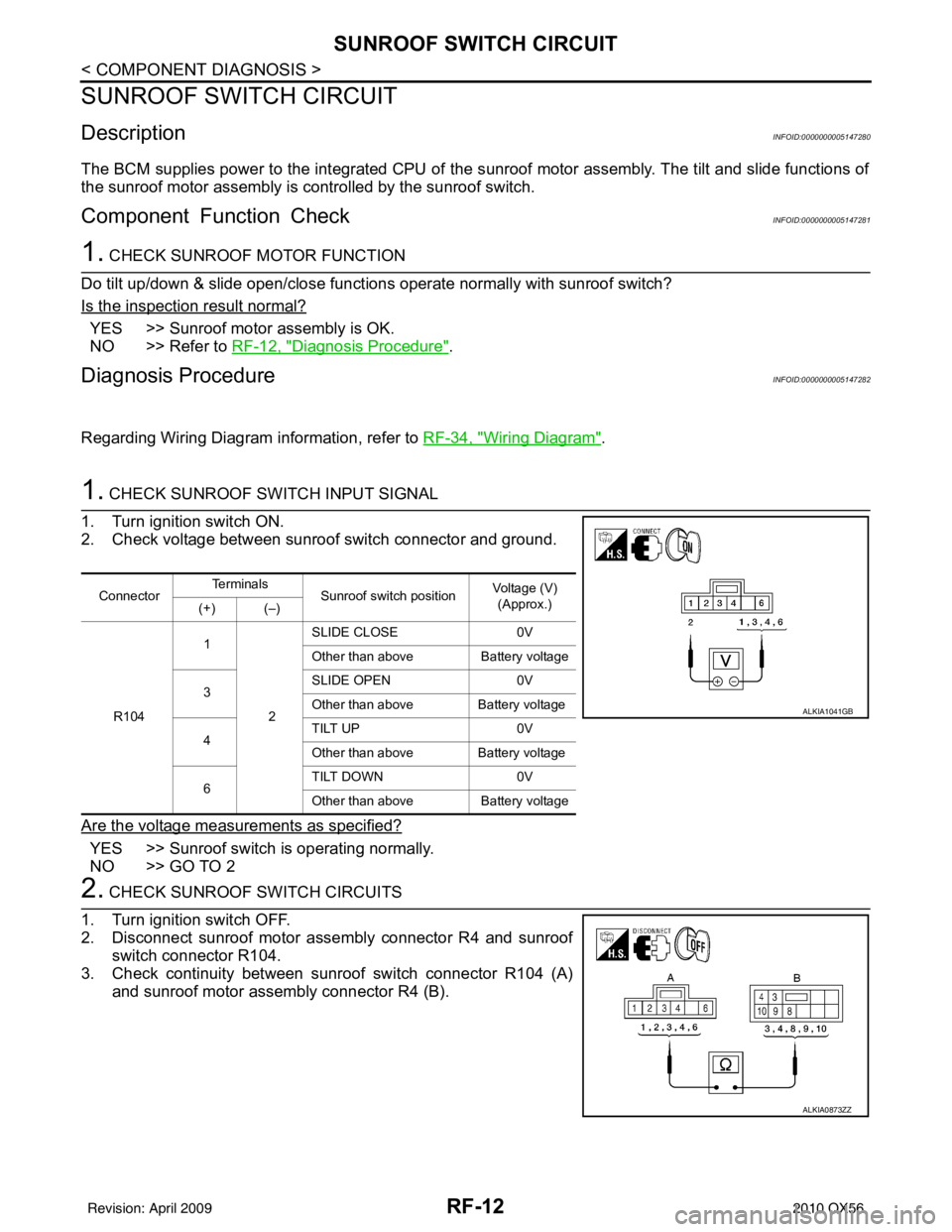 INFINITI QX56 2010 Factory Service Manual RF-12
< COMPONENT DIAGNOSIS >
SUNROOF SWITCH CIRCUIT
SUNROOF SWITCH CIRCUIT
DescriptionINFOID:0000000005147280
The BCM supplies power to the integrated CPU of the sunroof motor assembly. The tilt and INFINITI QX56 2010 Factory Service Manual RF-12
< COMPONENT DIAGNOSIS >
SUNROOF SWITCH CIRCUIT
SUNROOF SWITCH CIRCUIT
DescriptionINFOID:0000000005147280
The BCM supplies power to the integrated CPU of the sunroof motor assembly. The tilt and
