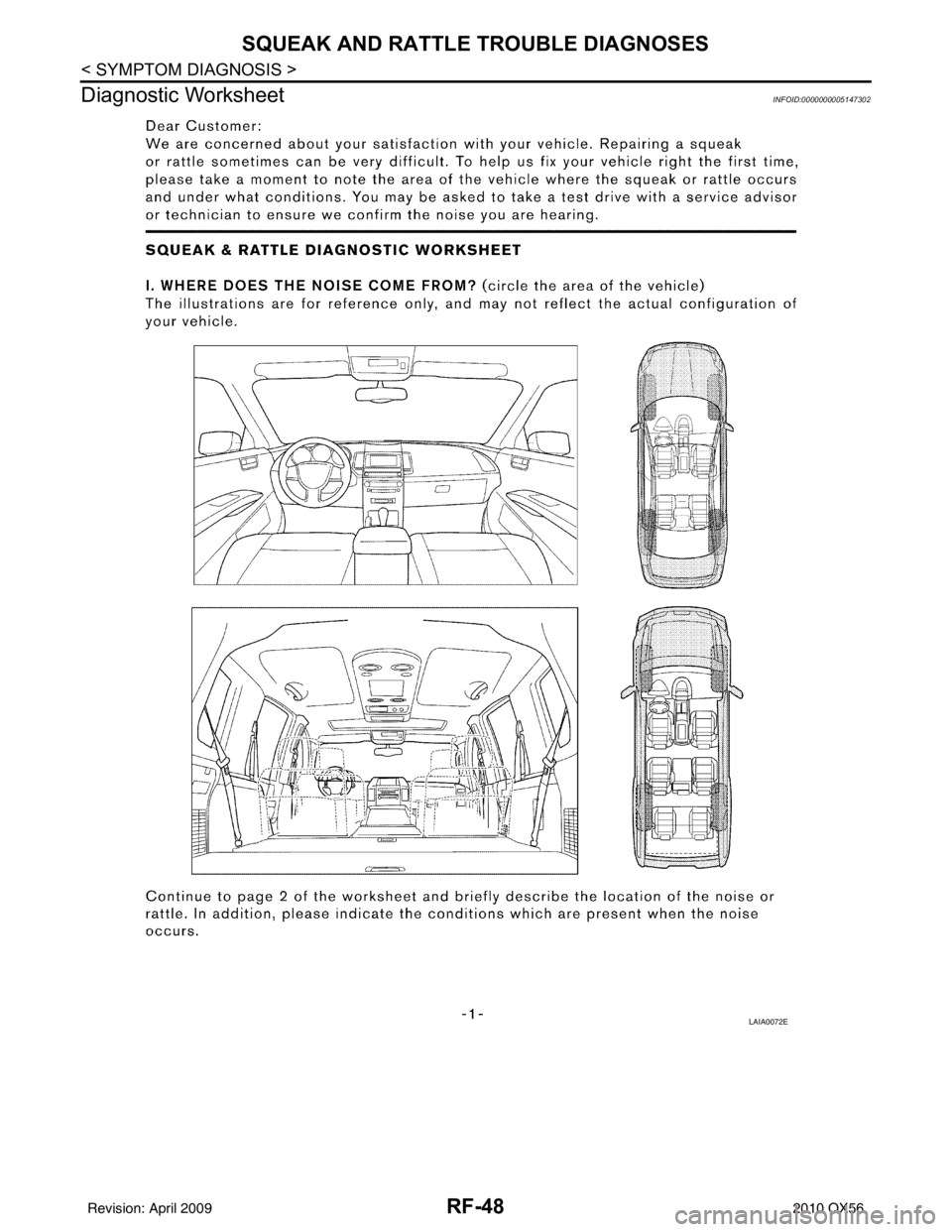 INFINITI QX56 2010  Factory Service Manual RF-48
< SYMPTOM DIAGNOSIS >
SQUEAK AND RATTLE TROUBLE DIAGNOSES
Diagnostic Worksheet
INFOID:0000000005147302
LAIA0072E
Revision: April 20092010 QX56 