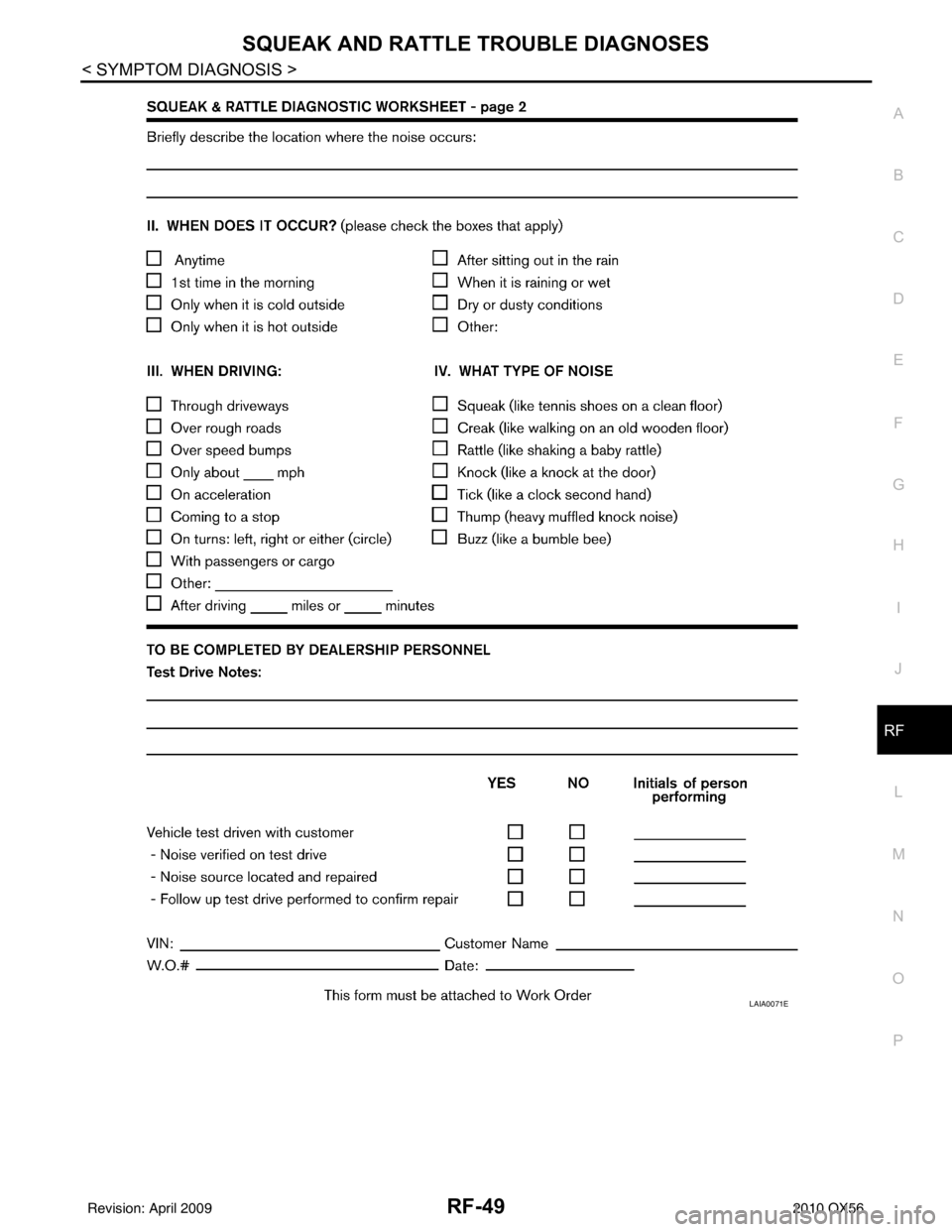 INFINITI QX56 2010  Factory Service Manual SQUEAK AND RATTLE TROUBLE DIAGNOSESRF-49
< SYMPTOM DIAGNOSIS >
C
DE
F
G H
I
J
L
M A
B
RF
N
O P
LAIA0071E
Revision: April 20092010 QX56 