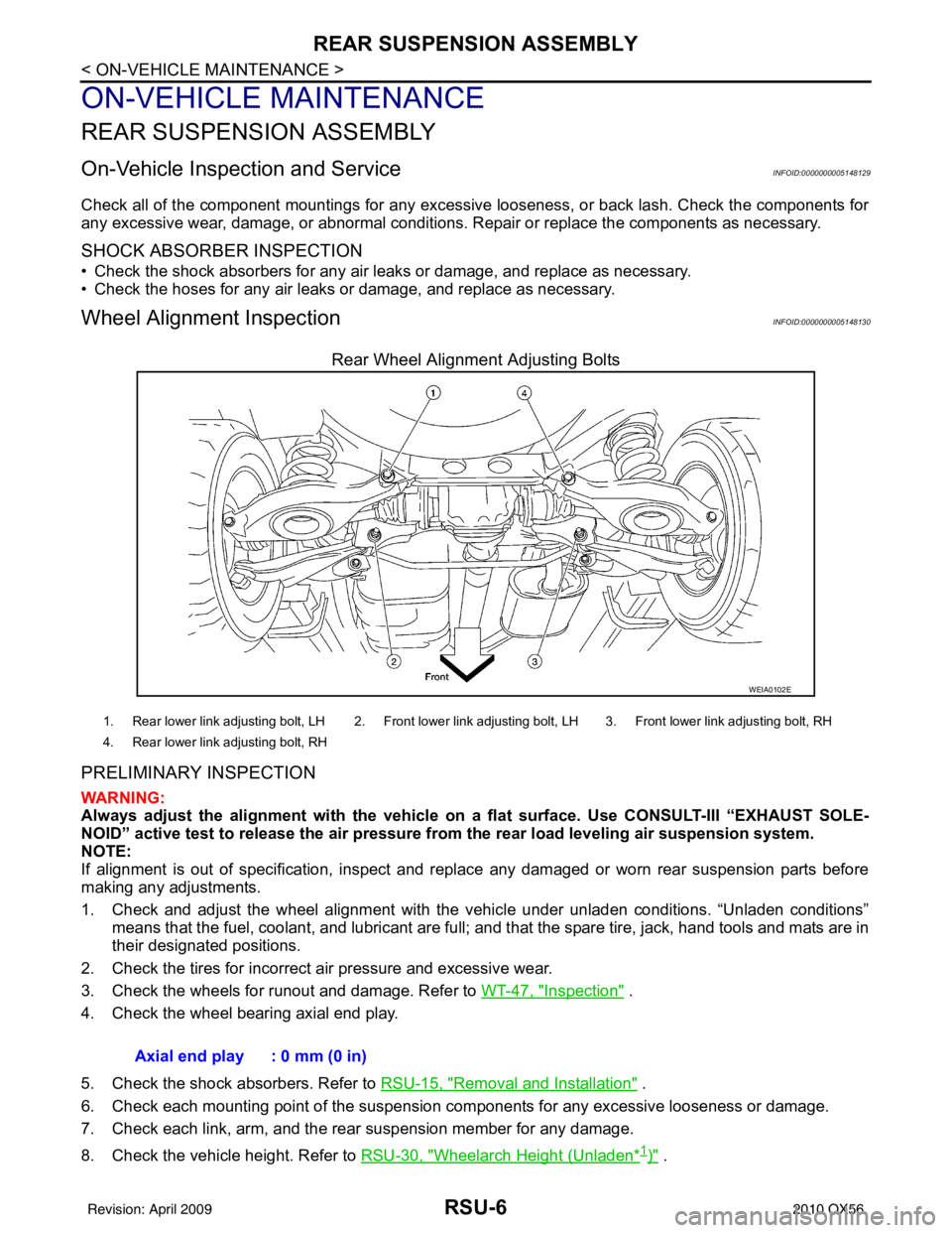 INFINITI QX56 2010  Factory Service Manual RSU-6
< ON-VEHICLE MAINTENANCE >
REAR SUSPENSION ASSEMBLY
ON-VEHICLE MAINTENANCE
REAR SUSPENSION ASSEMBLY
On-Vehicle Inspection and ServiceINFOID:0000000005148129
Check all of the component mountings 