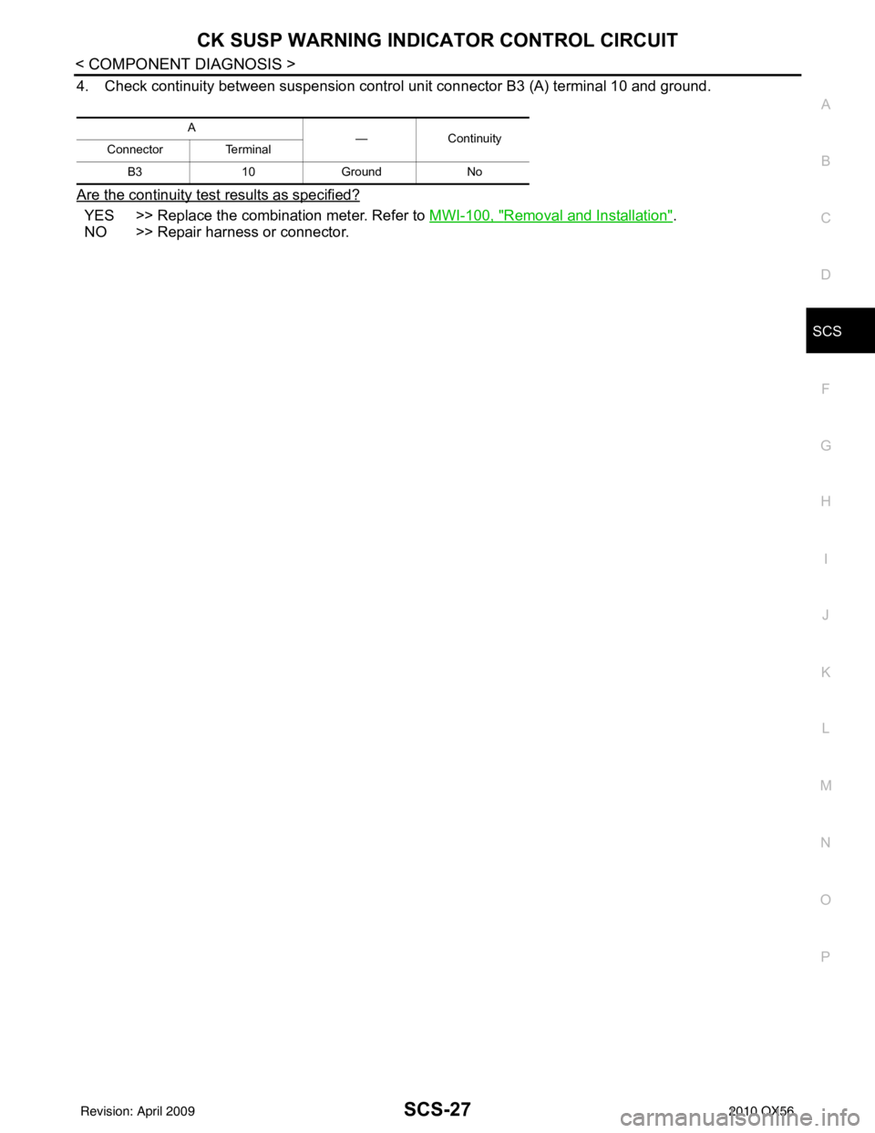 INFINITI QX56 2010  Factory Service Manual CK SUSP WARNING INDICATOR CONTROL CIRCUITSCS-27
< COMPONENT DIAGNOSIS >
C
DF
G H
I
J
K L
M A
B
SCS
N
O P
4. Check continuity between suspension control unit connector B3 (A) terminal 10 and ground.
Ar