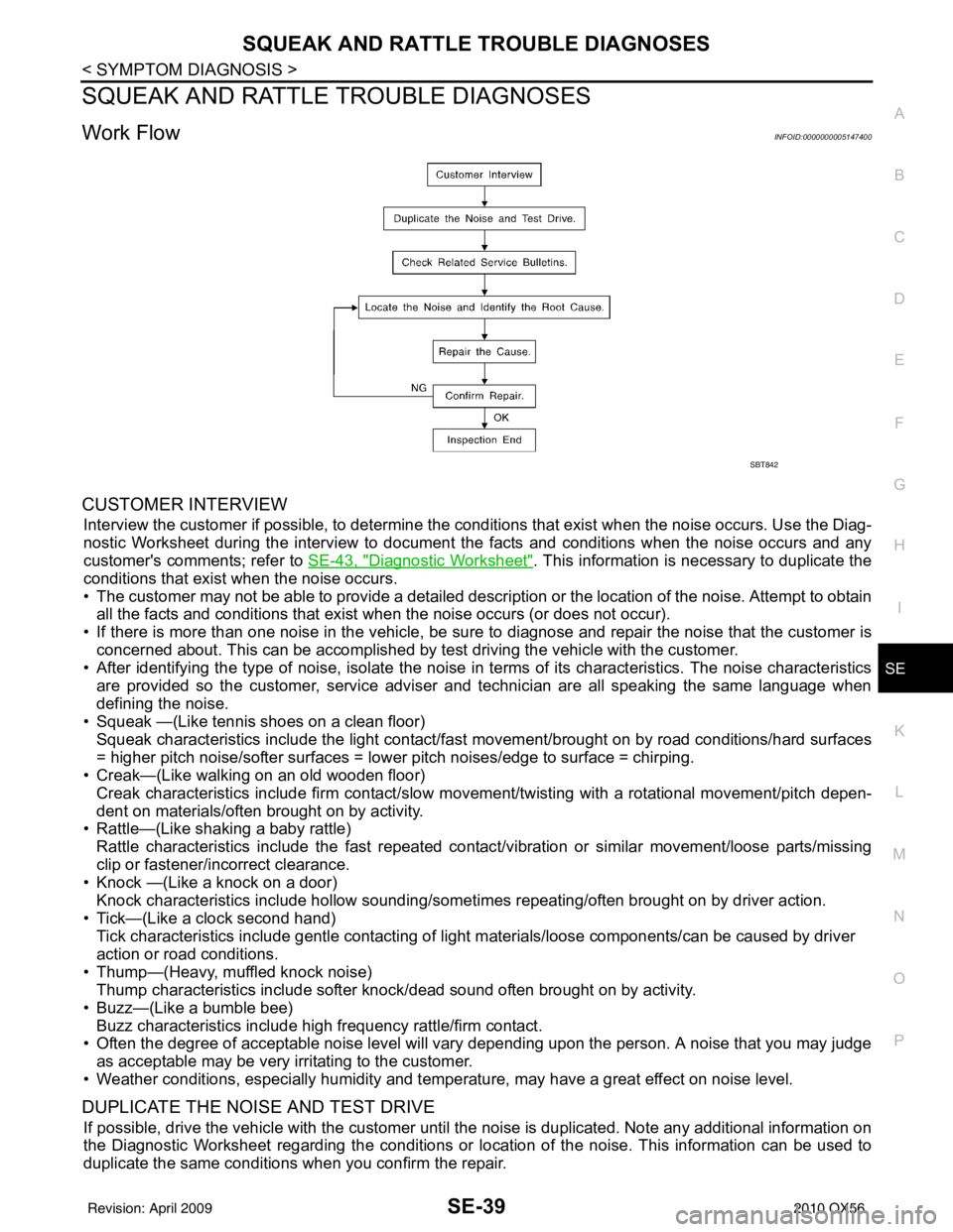 INFINITI QX56 2010  Factory Service Manual SQUEAK AND RATTLE TROUBLE DIAGNOSESSE-39
< SYMPTOM DIAGNOSIS >
C
DE
F
G H
I
K L
M A
B
SE
N
O P
SQUEAK AND RATTLE TROUBLE DIAGNOSES
Work FlowINFOID:0000000005147400
CUSTOMER INTERVIEW
Interview the cus