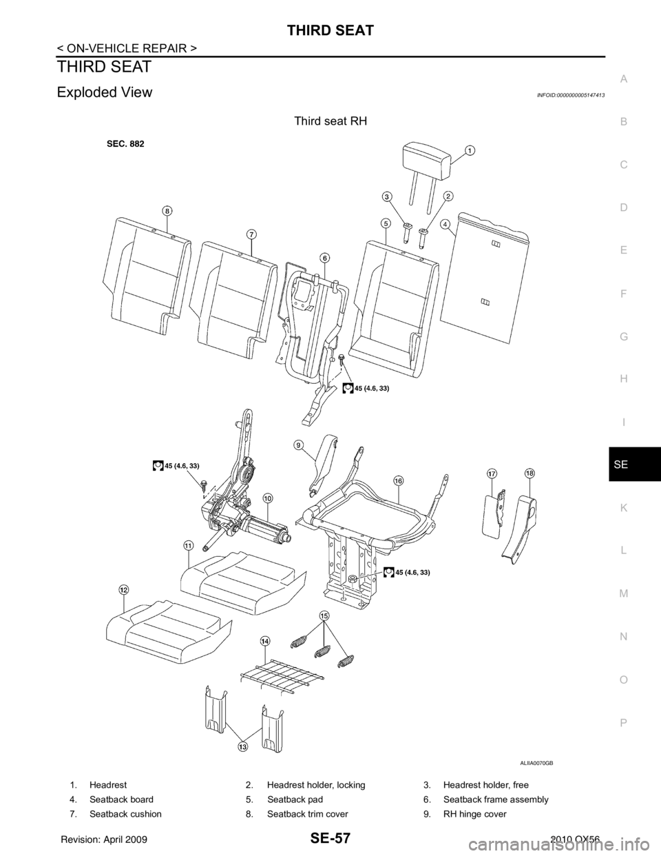 INFINITI QX56 2010  Factory Service Manual THIRD SEATSE-57
< ON-VEHICLE REPAIR >
C
DE
F
G H
I
K L
M A
B
SE
N
O P
THIRD SEAT
Exploded ViewINFOID:0000000005147413
Third seat RH
ALIIA0070GB
1. Headrest  2. Headrest holder, locking 3. Headrest hol