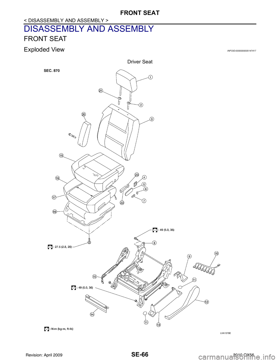 INFINITI QX56 2010  Factory Service Manual SE-66
< DISASSEMBLY AND ASSEMBLY >
FRONT SEAT
DISASSEMBLY AND ASSEMBLY
FRONT SEAT
Exploded ViewINFOID:0000000005147417
Driver Seat
LIIA1578E
Revision: April 20092010 QX56 