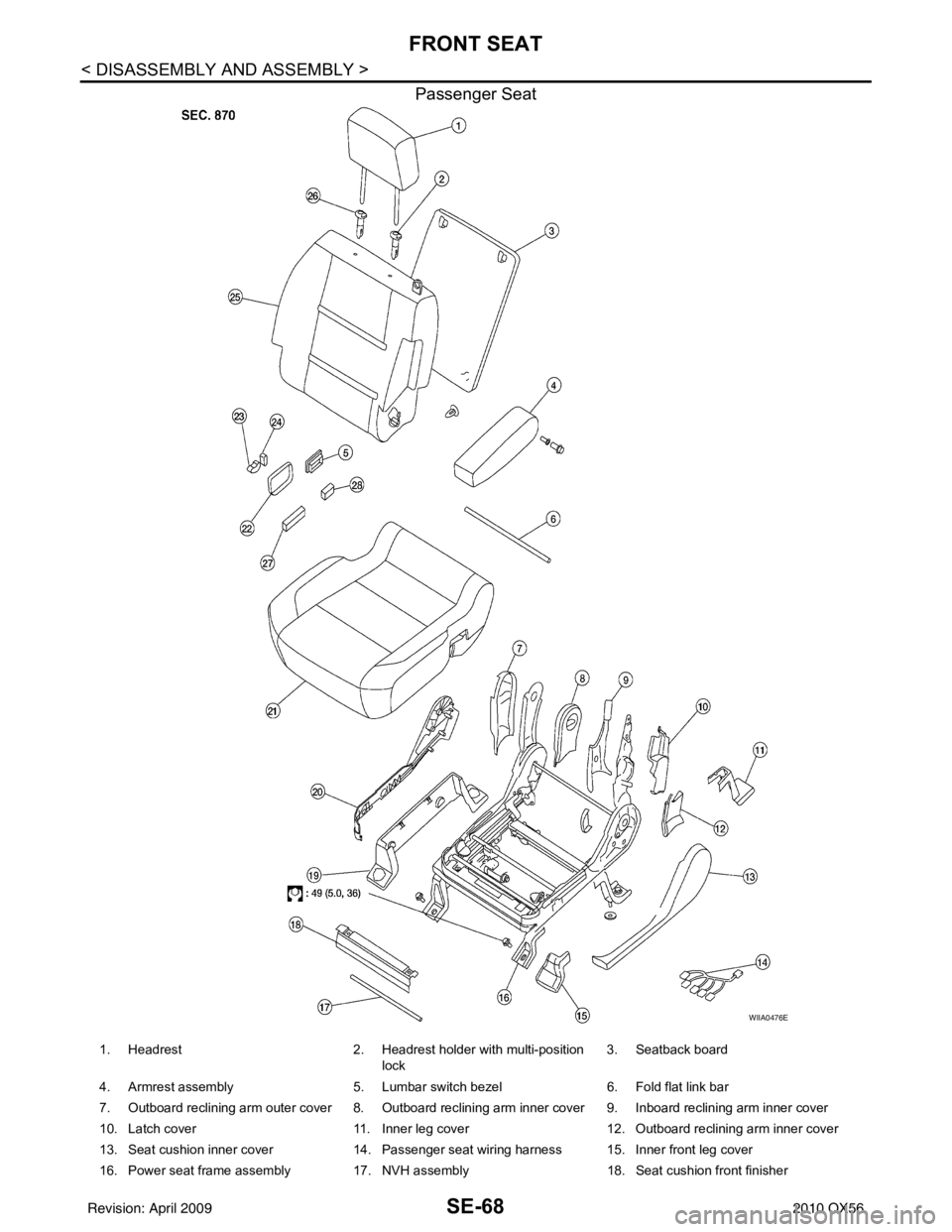 INFINITI QX56 2010  Factory Service Manual SE-68
< DISASSEMBLY AND ASSEMBLY >
FRONT SEAT
Passenger Seat
WIIA0476E
1. Headrest2. Headrest holder with multi-position 
lock  3. Seatback board 
4. Armrest assembly 5. Lumbar switch bezel6. Fold fla