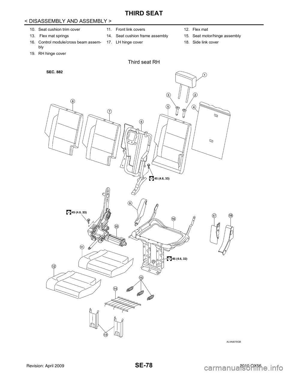 INFINITI QX56 2010  Factory Service Manual SE-78
< DISASSEMBLY AND ASSEMBLY >
THIRD SEAT
Third seat RH
10. Seat cushion trim cover11. Front link covers 12. Flex mat
13.  Flex mat springs 14. Seat cushion frame assembly 15. Seat motor/hinge ass