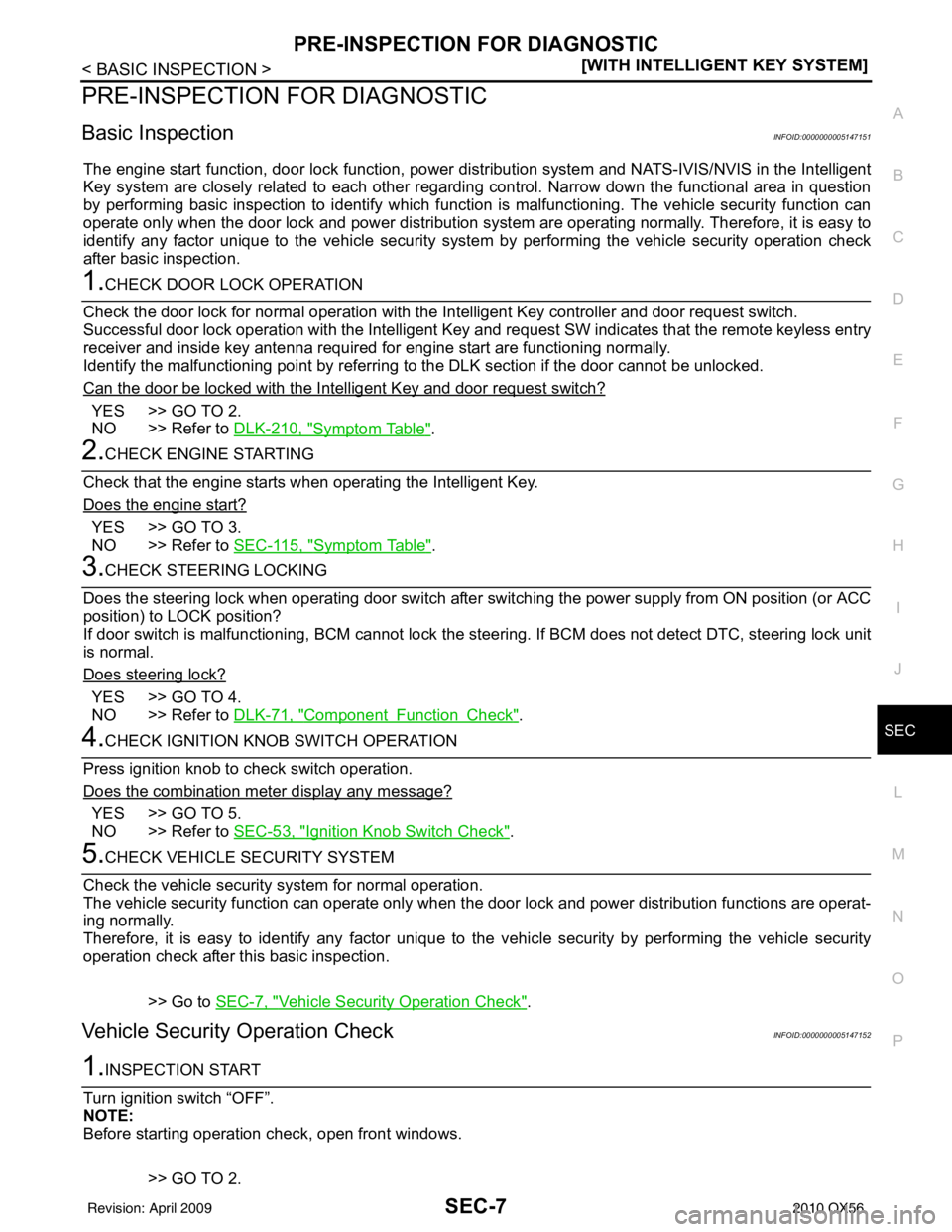 INFINITI QX56 2010  Factory Service Manual PRE-INSPECTION FOR DIAGNOSTICSEC-7
< BASIC INSPECTION > [WITH INTELLIGENT KEY SYSTEM]
C
D
E
F
G H
I
J
L
M A
B
SEC
N
O P
PRE-INSPECTION FOR DIAGNOSTIC
Basic InspectionINFOID:0000000005147151
The engine